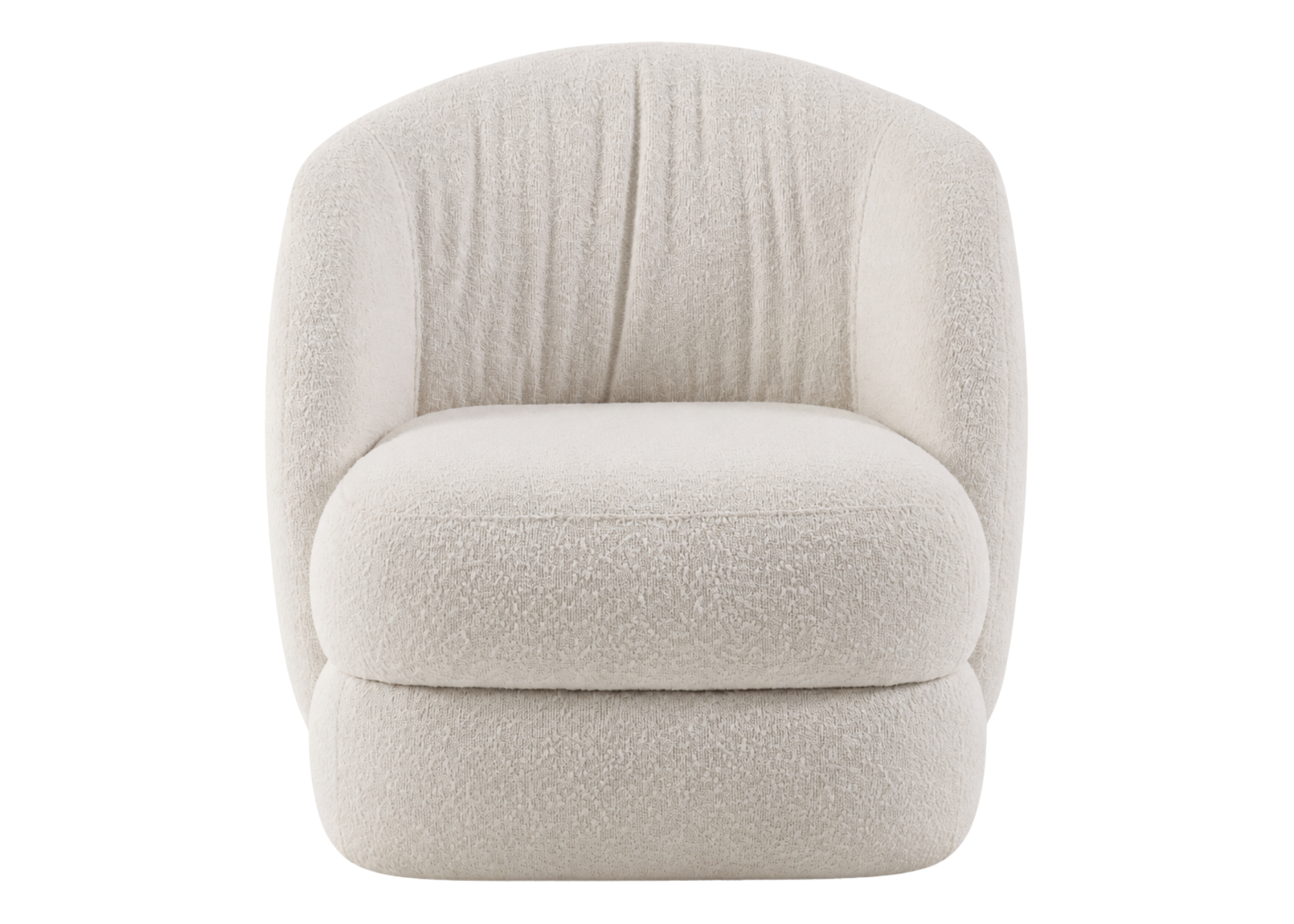 Poltrona Pétala com revestimento em bouclé off white, design moderno e base giratória, ideal para compor espaços acolhedores e refinados.