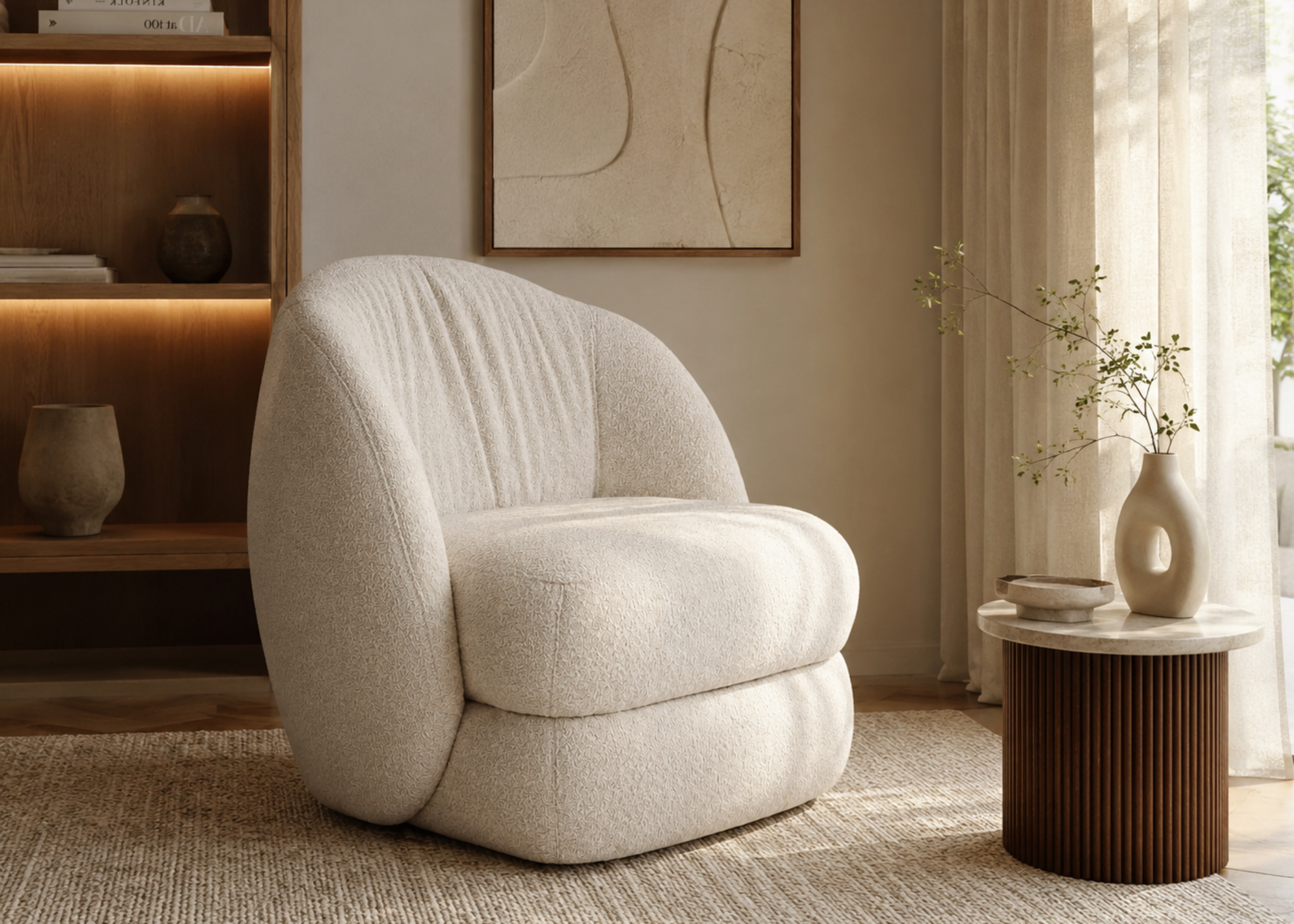 Poltrona Pétala estofada em bouclé off white com base giratória, ideal para compor ambientes sofisticados e acolhedores.