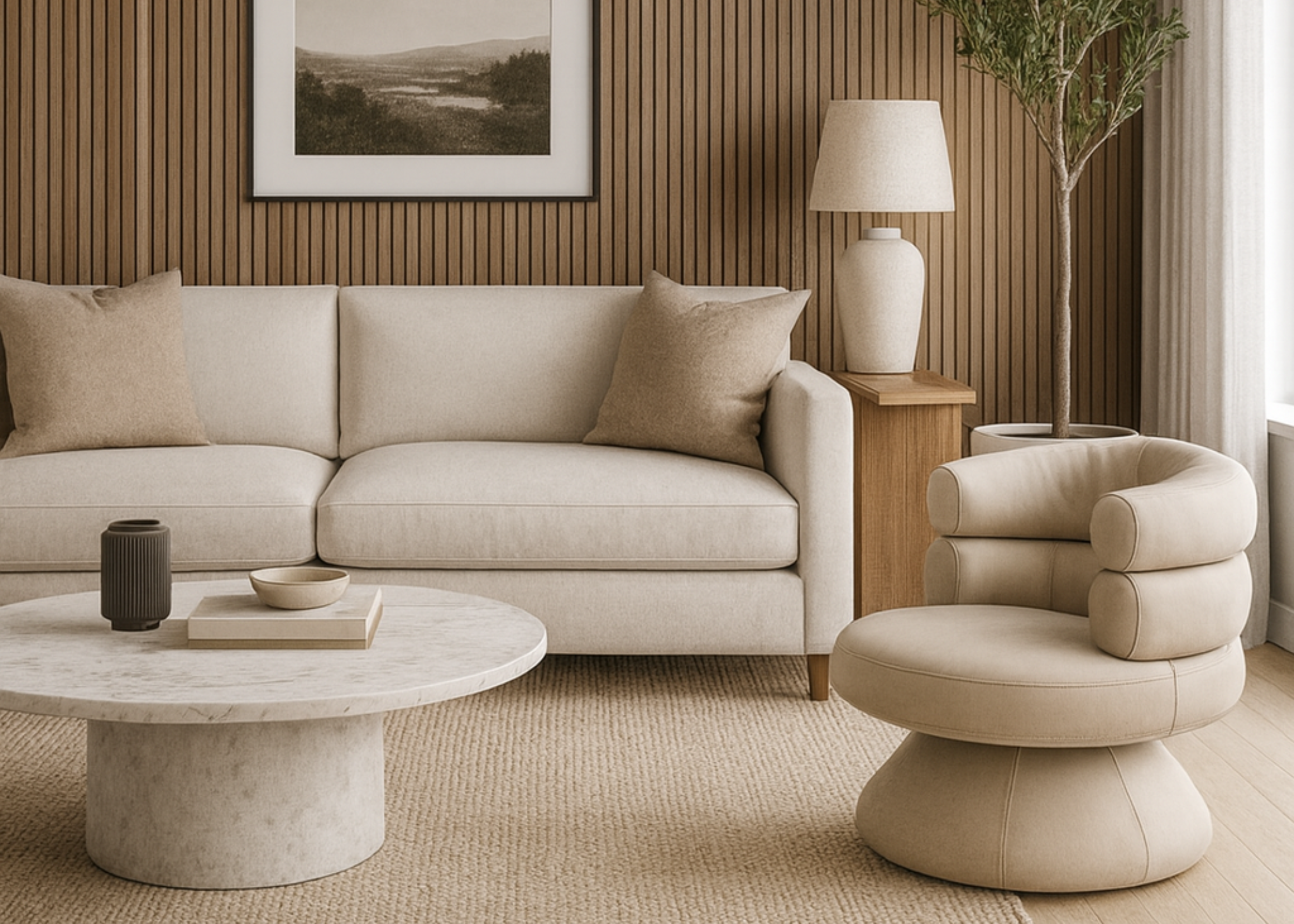 Poltrona Piemonte em couro natural com base giratória, apresentada em sala de estar moderna.
