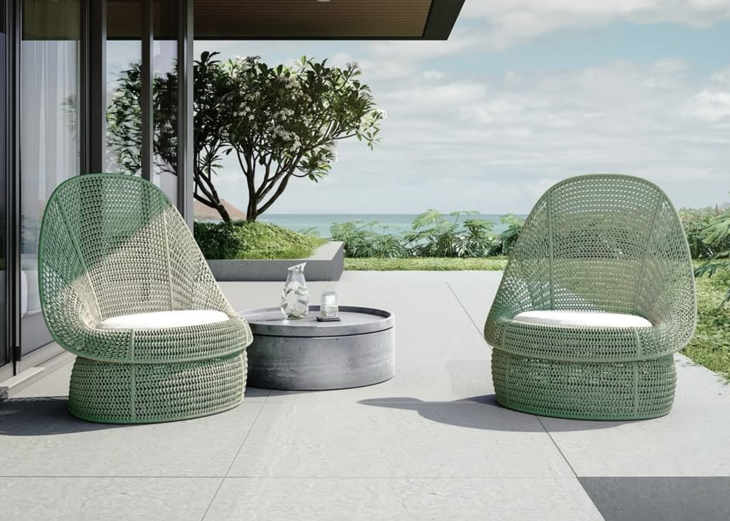 Poltrona relax em corda náutica verde com estrutura de alumínio. Ideal para áreas externas elegantes.
