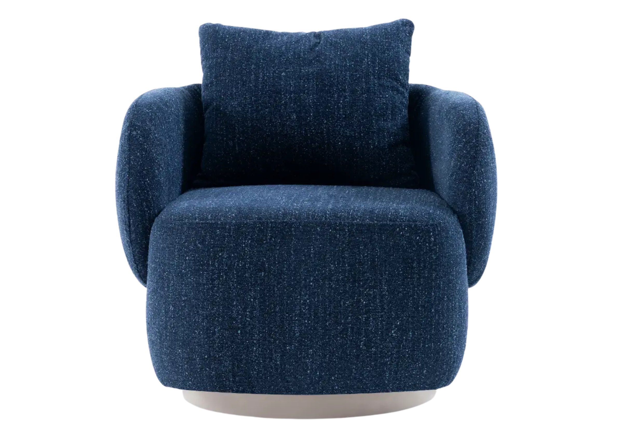 Poltrona Kley para sala de estar com base giratória e estofamento em tecido azul, oferecendo conforto e estilo sofisticado.