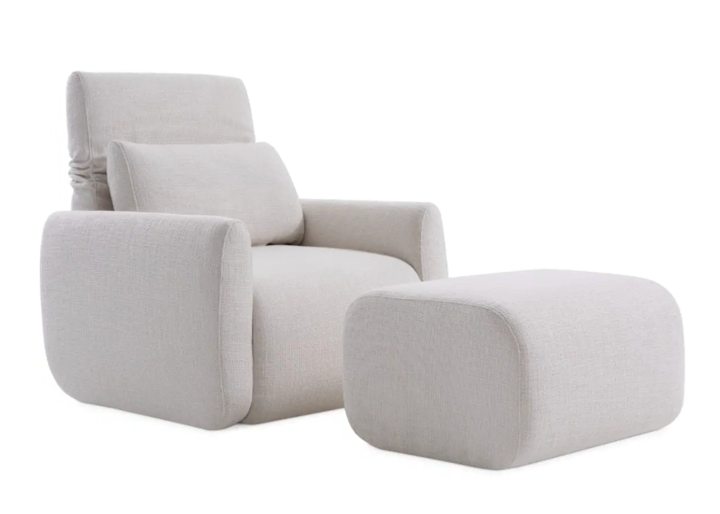 Poltrona Drica para sala de estar com encosto alto e puff estofado, trazendo elegância, conforto e sofisticação ao ambiente.