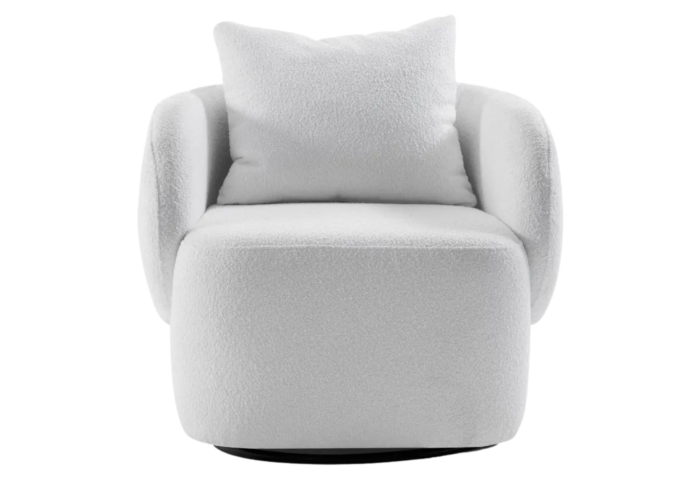 Poltrona de sala de jantar giratória Kley estofada em tecido boucle off white, unindo elegância e conforto ao ambiente.