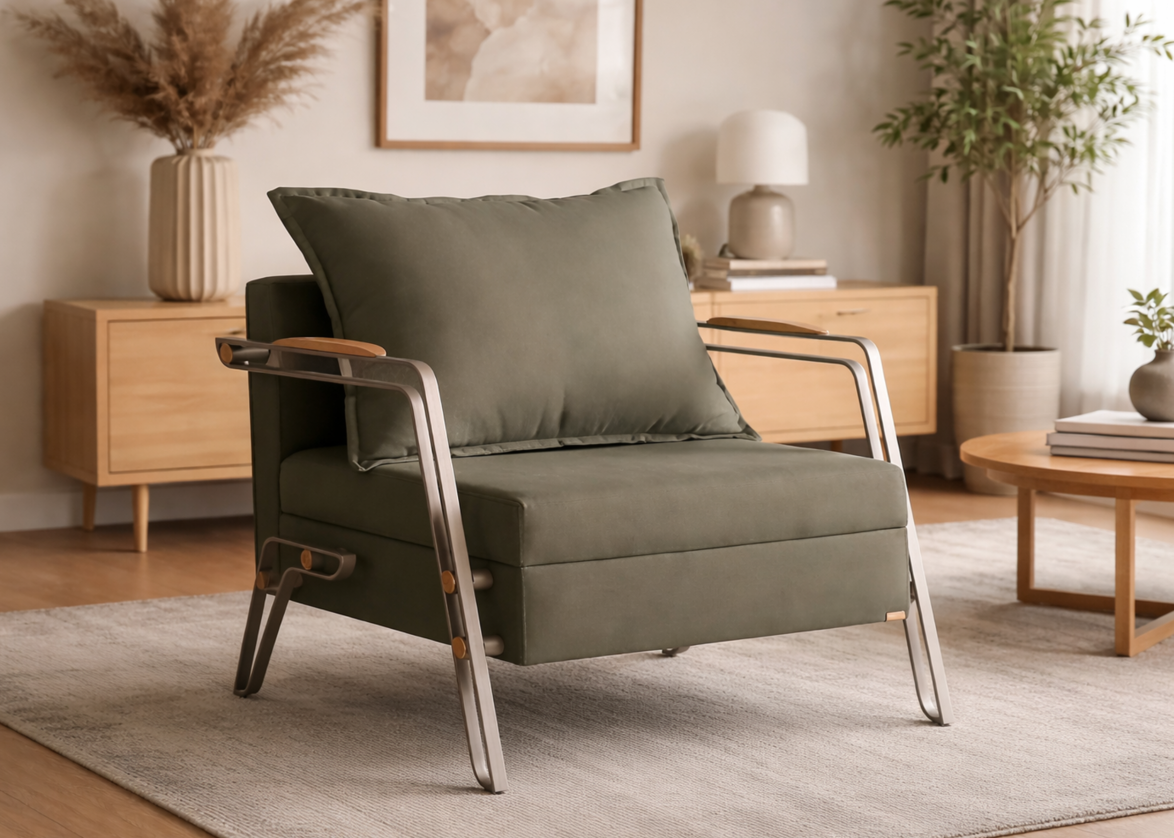 Poltrona Santos em ambiente moderno e aconchegante, apresentando design confortável e sofisticado, ideal para compor salas elegantes e acolhedoras.