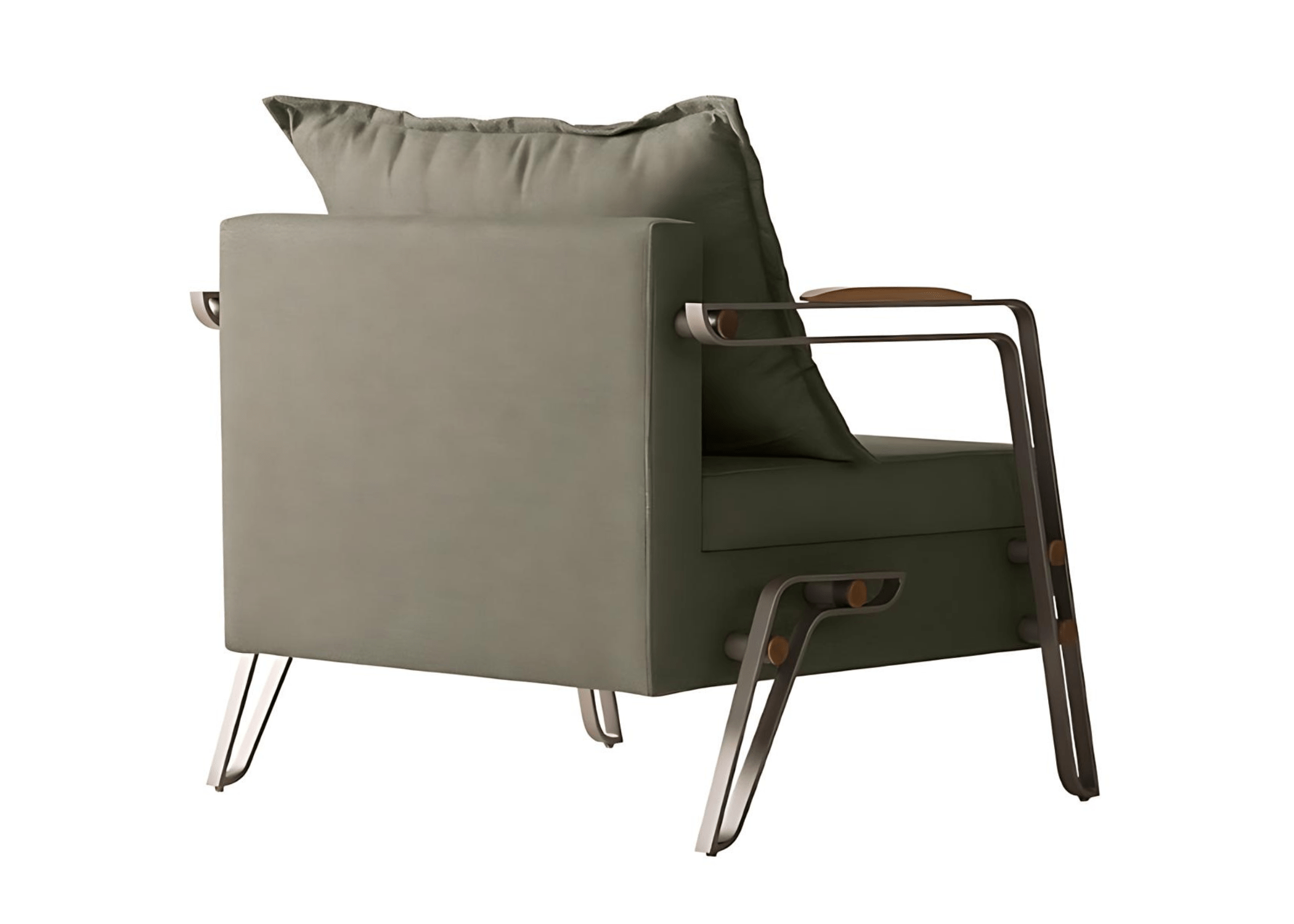 Poltrona Santos com destaque para as costas e almofada decorativa, apresentando design sofisticado e confortável, ideal para compor ambientes elegantes e acolhedores.