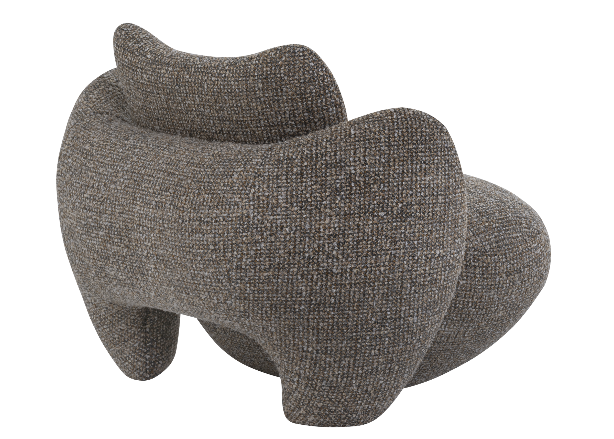 Poltrona Scala com detalhes em tecido boucle cinza escuro, unindo conforto, elegância e design sofisticado para salas de estar modernas.