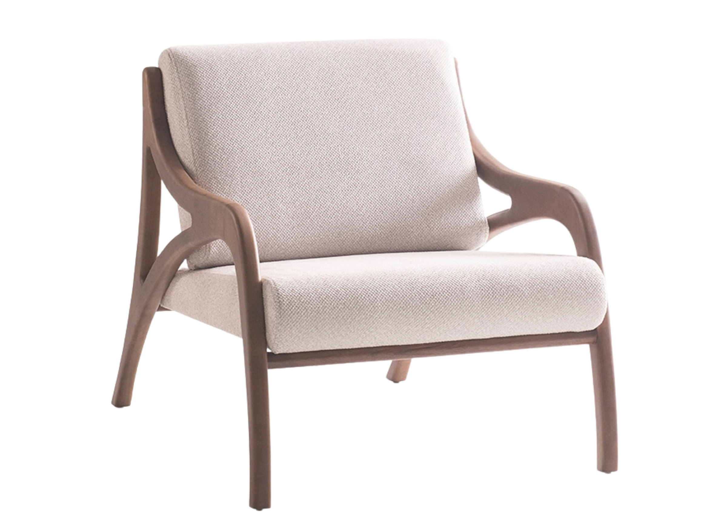 Poltrona Serena com acabamento em madeira nogueira e revestimento em tecido linho off white, apresentando design elegante e confortável, ideal para compor ambientes sofisticados e acolhedores.