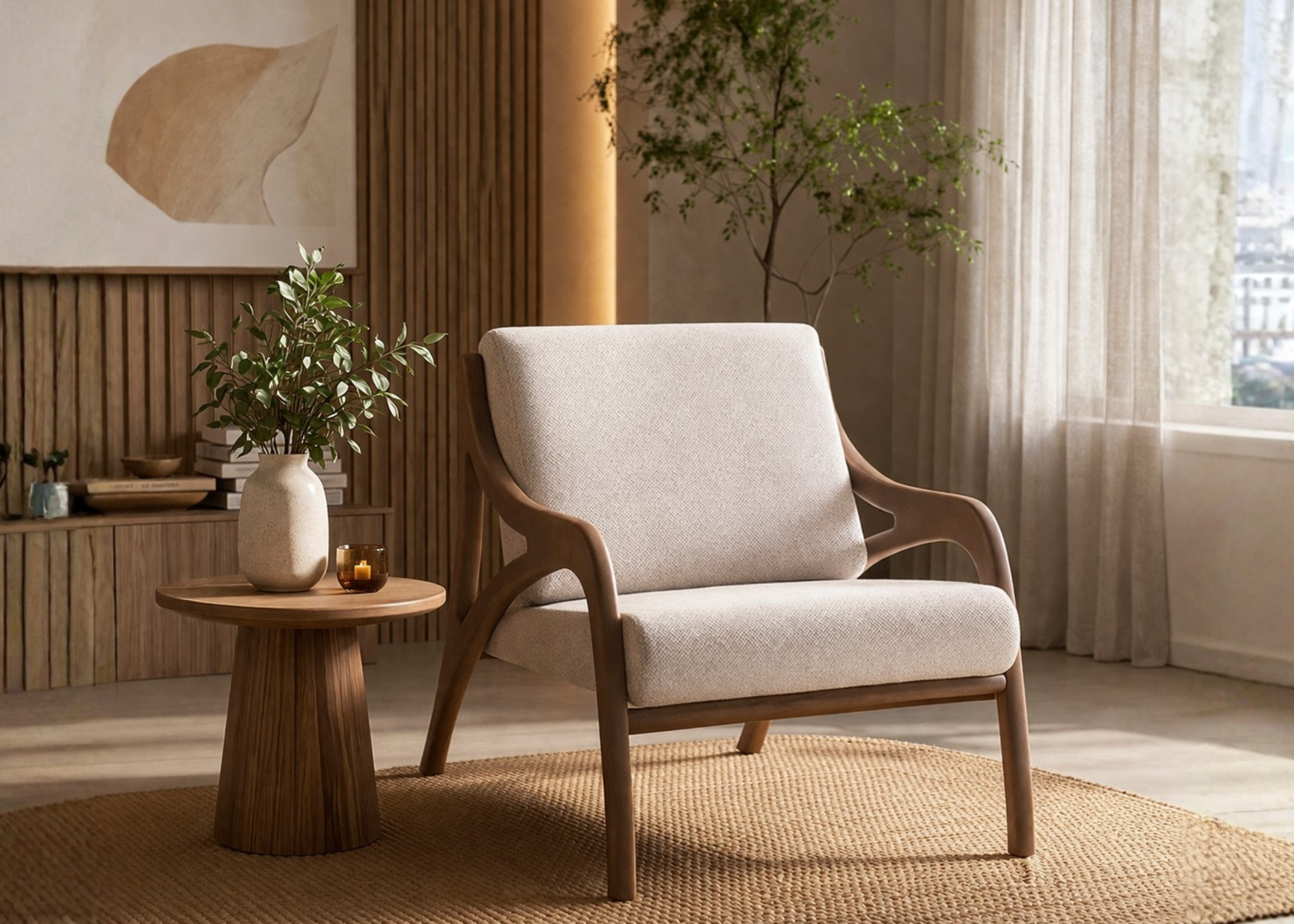 Poltrona Serena em ambiente moderno e sofisticado para sala de estar, apresentando design elegante e confortável, ideal para compor espaços acolhedores e refinados.