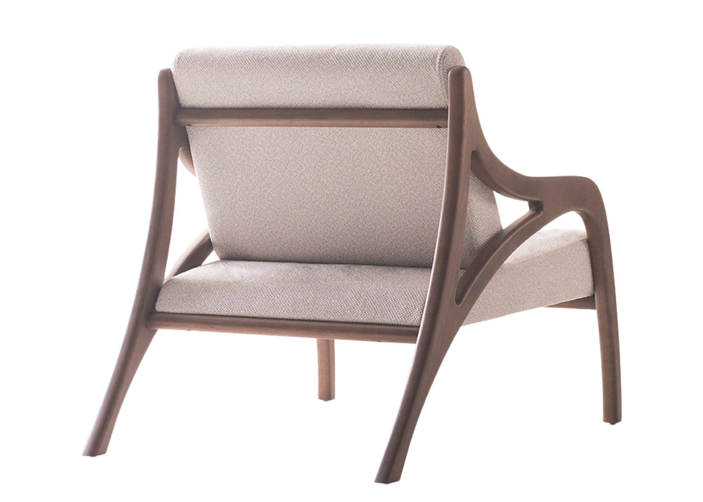 Poltrona Serena com detalhes nas costas e acabamento em nogueira, apresentando design confortável e sofisticado, ideal para compor ambientes elegantes e acolhedores.