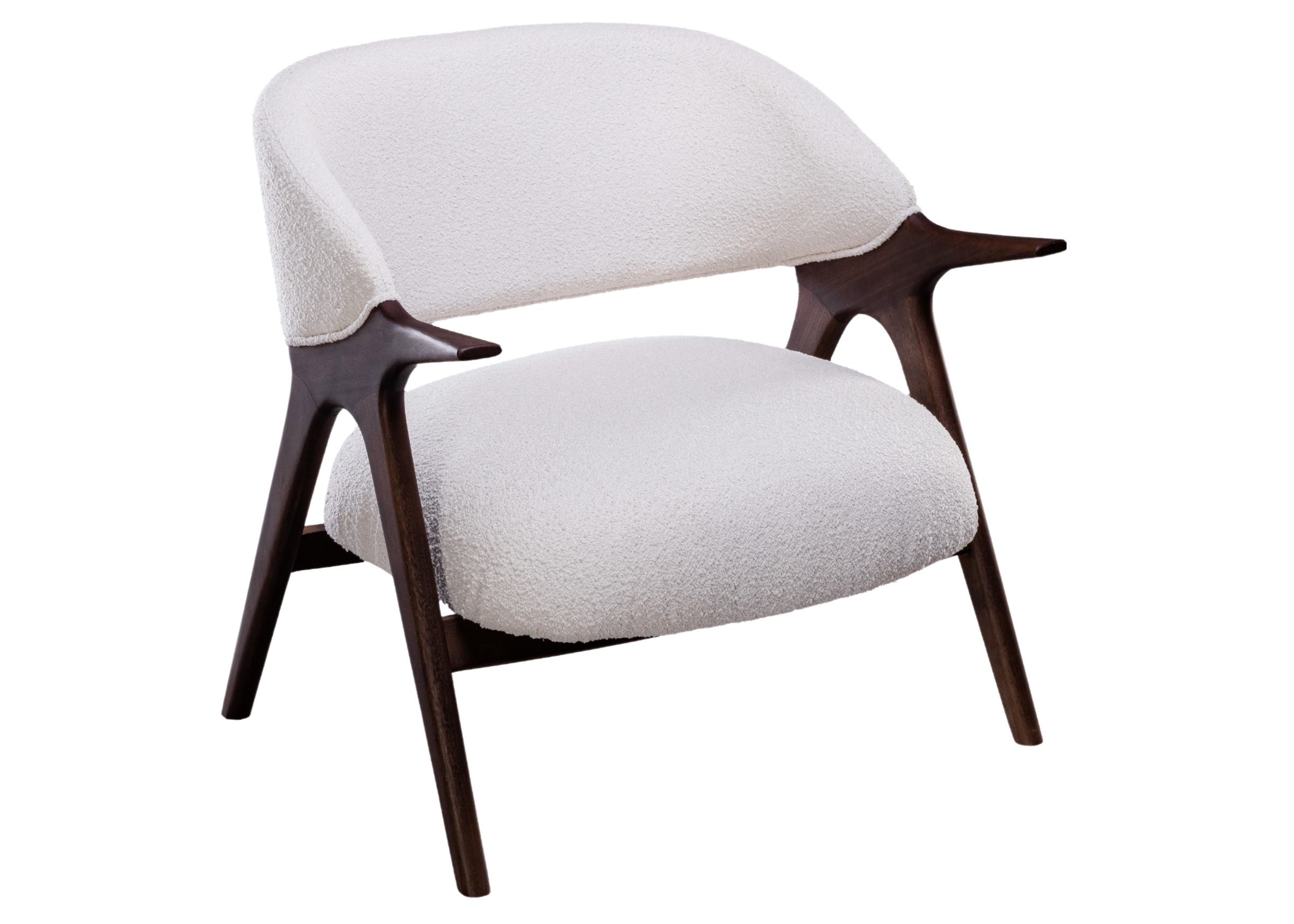 Poltrona Simple com design orgânico, base em madeira nogueira e revestimento em bouclé branco. Estilo moderno e acolhedor para diversos ambientes.