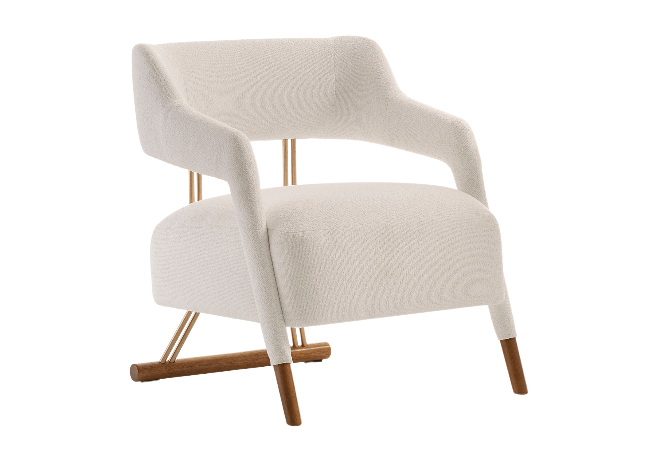 Poltrona Swing magnífica com revestimento em tecido off white e base em madeira, com design elegante ideal para ambientes sofisticados e acolhedores.