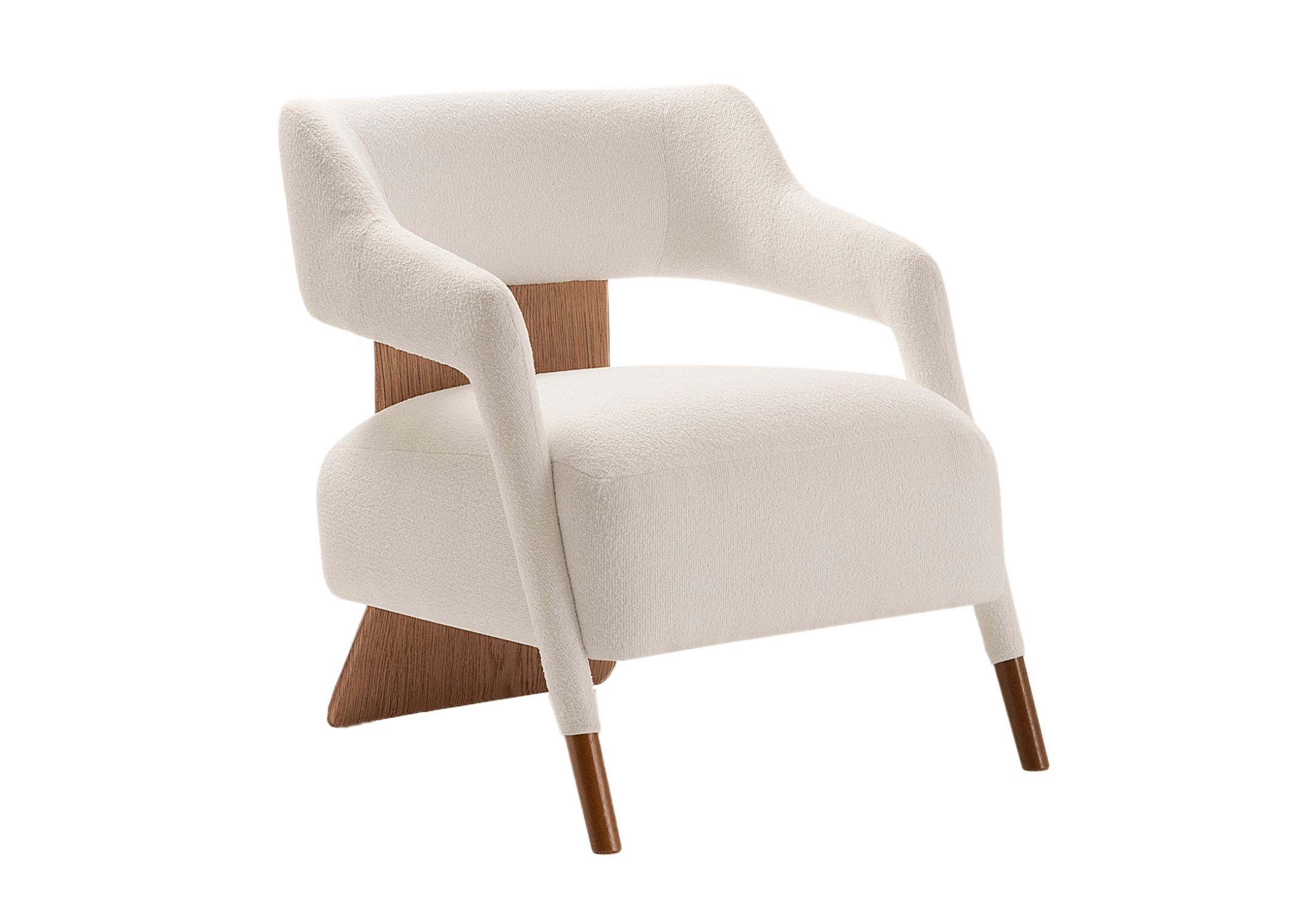 Poltrona Swing em recouro com design moderno, revestimento off white e base em madeira, ideal para ambientes elegantes e contemporâneos.