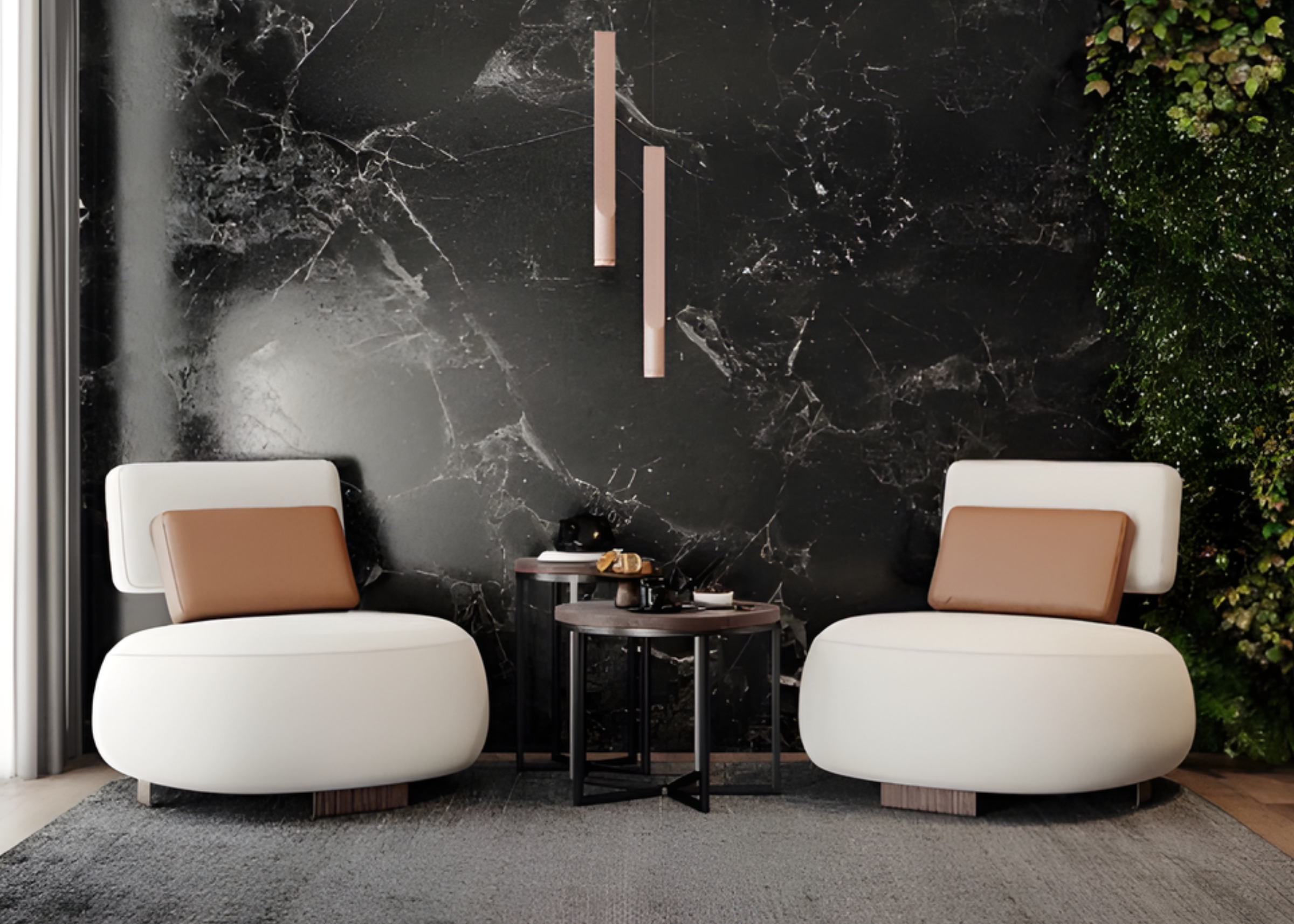Poltrona Tonda unindo sofisticação, modernidade e conforto em sala de estar com design elegante e contemporâneo.