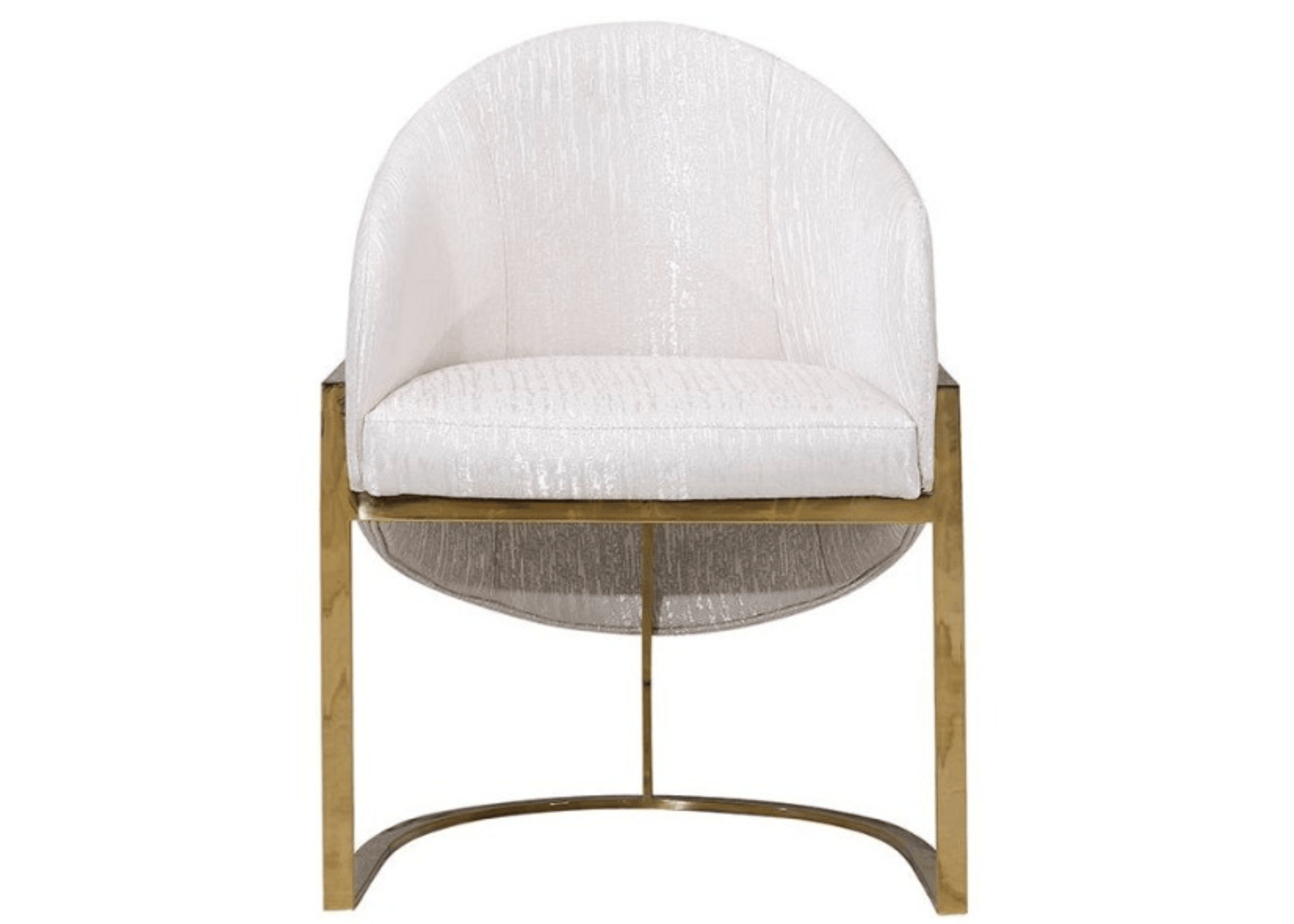 Poltrona Tulip estofada com encosto curvo e base em aço inox dourado, design moderno e sofisticado para sala de jantar elegante.