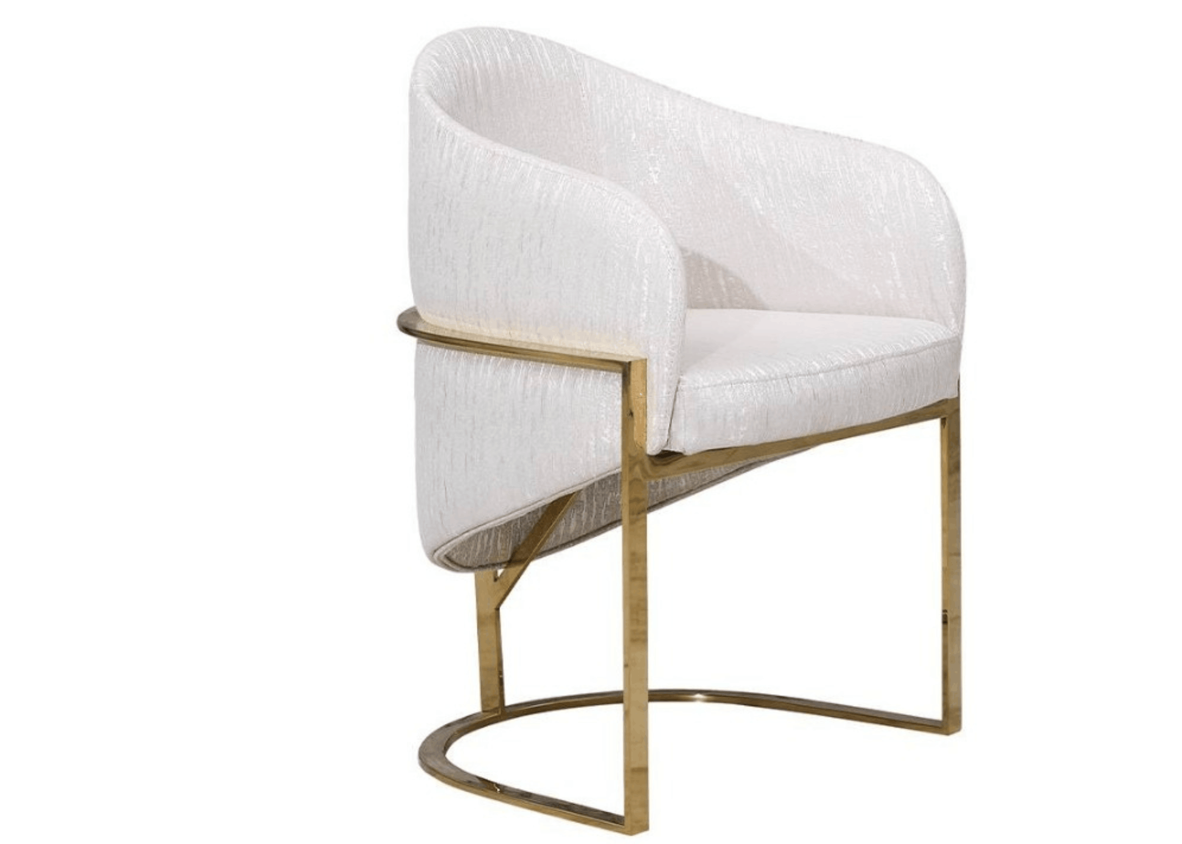 Detalhe da Poltrona Tulip com estofado texturizado claro e estrutura em aço inox dourado, combinando conforto e sofisticação.