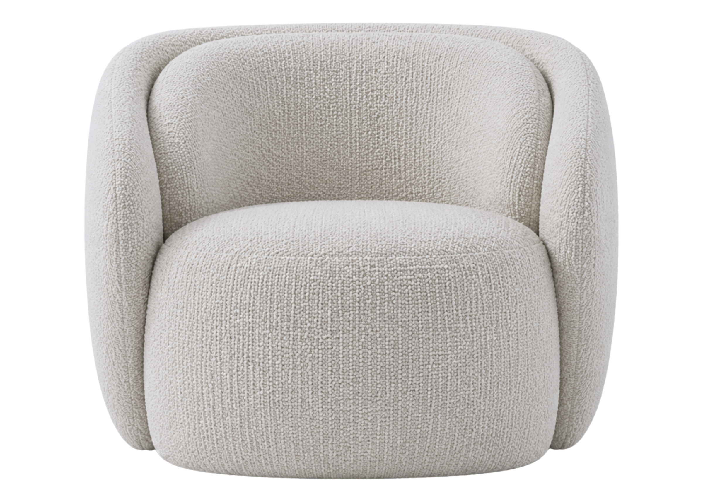 Poltrona Tulipa com base giratória e revestimento em bouclé off white, ideal para compor ambientes acolhedores e refinados.
