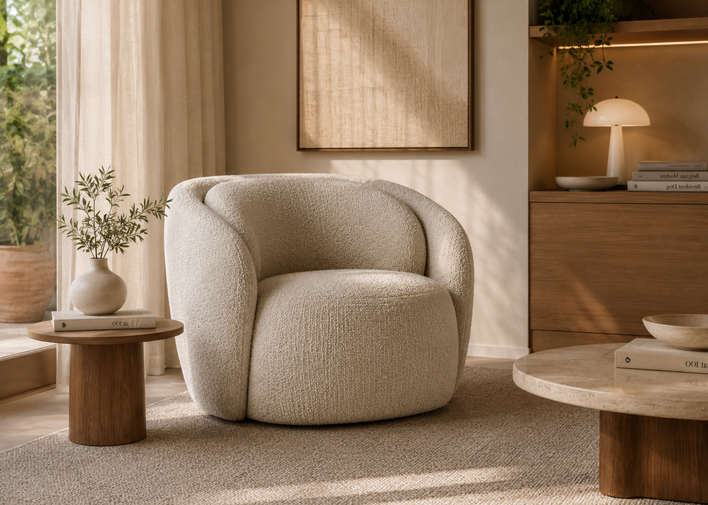 Poltrona Tulipa com revestimento em bouclé off white e design giratório, apresentando elegância e conforto para compor ambientes modernos.