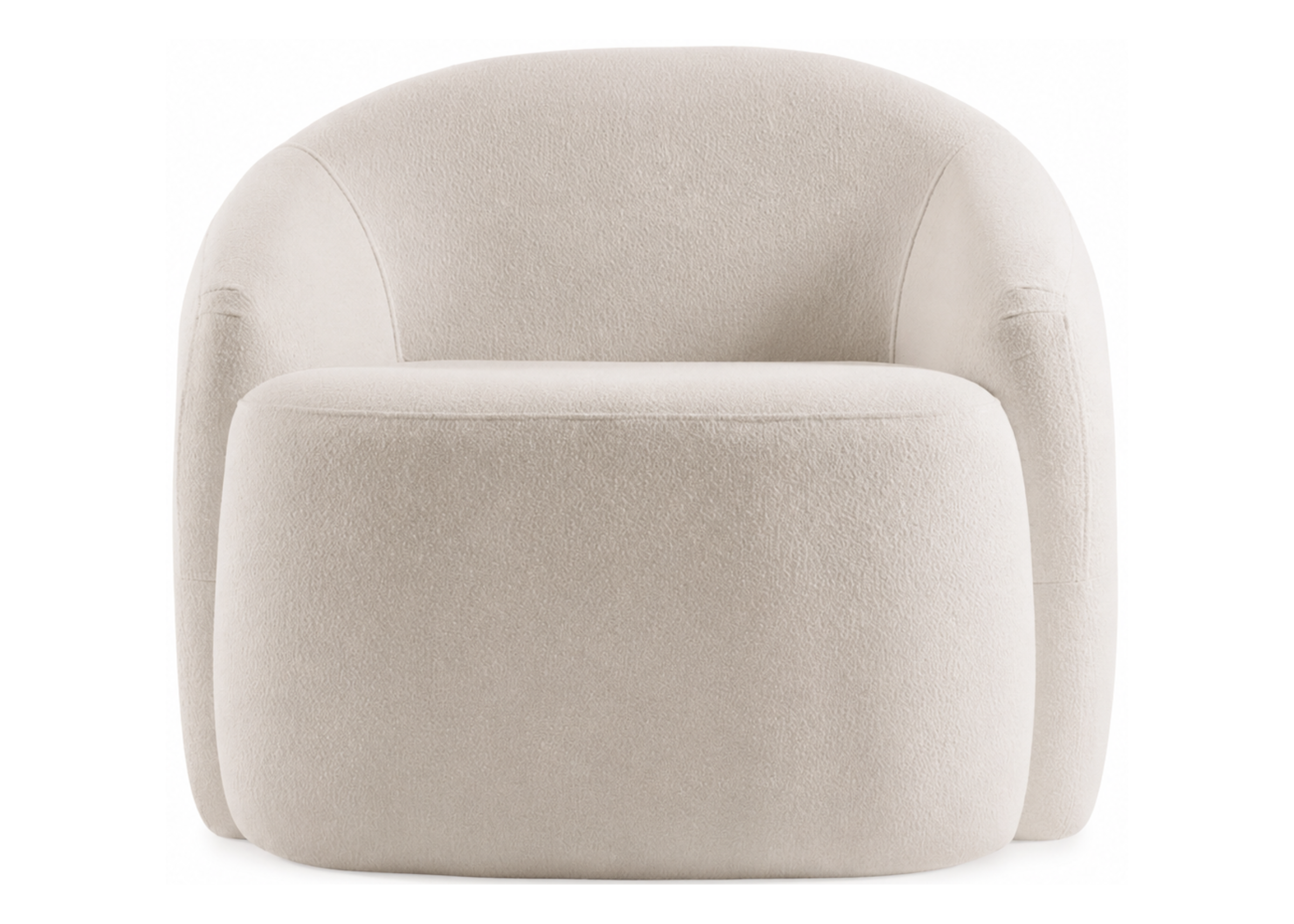 Poltrona Varenna totalmente estofada em bouclé branco com base giratória, apresentando conforto e design contemporâneo para ambientes refinados.