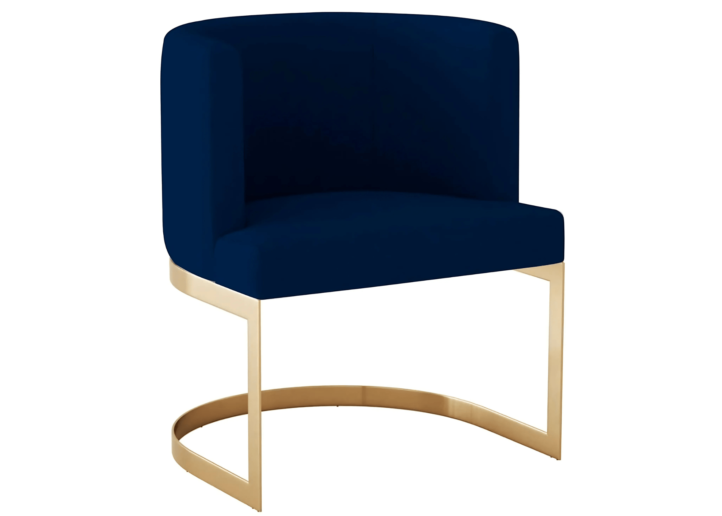Poltrona veludo azul de luxo com encosto curvo e base dourada em aço inox.