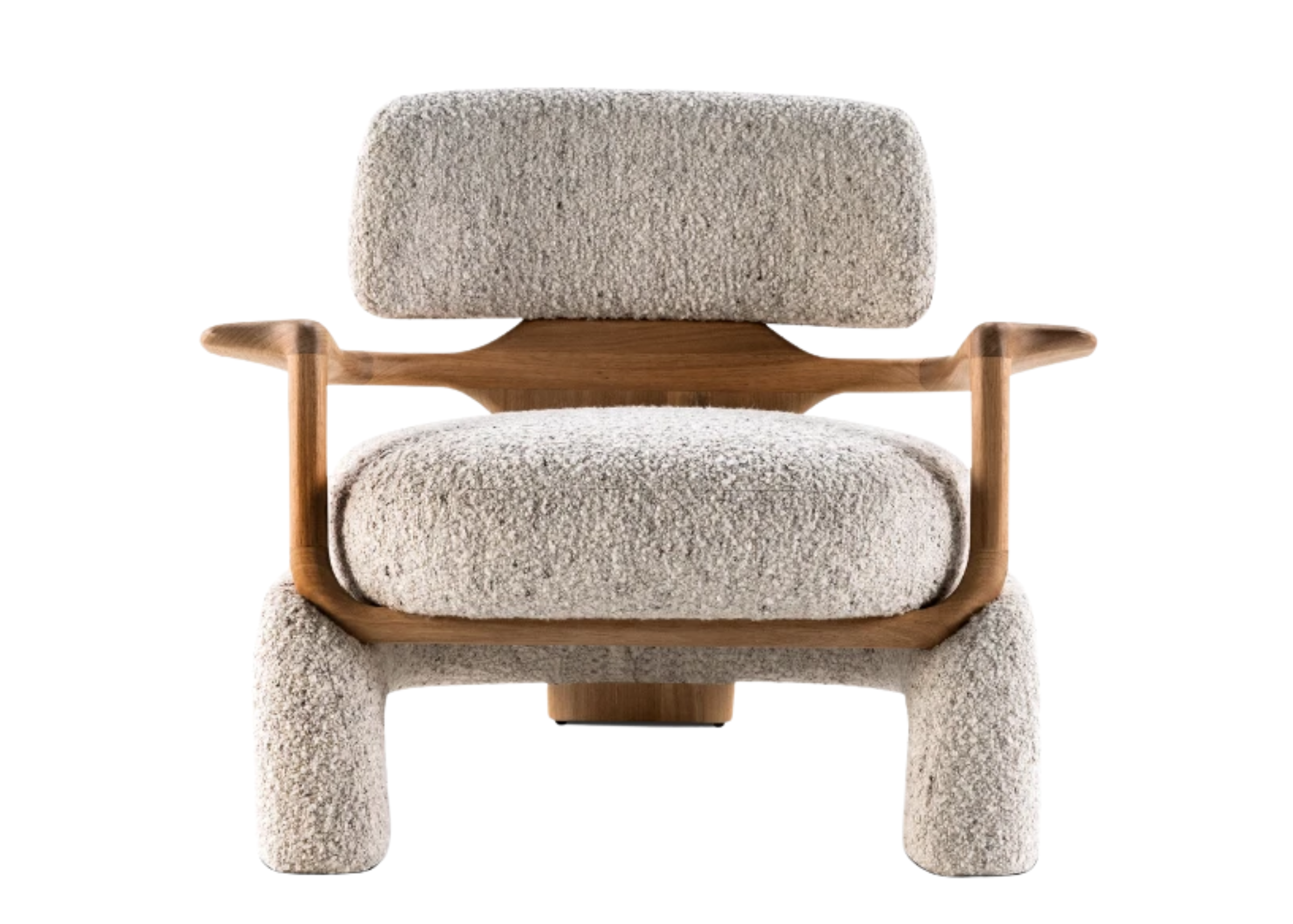 Poltrona Vértice em vista frontal, com base amadeirada, apresentando design elegante e presença marcante em ambientes sofisticados.