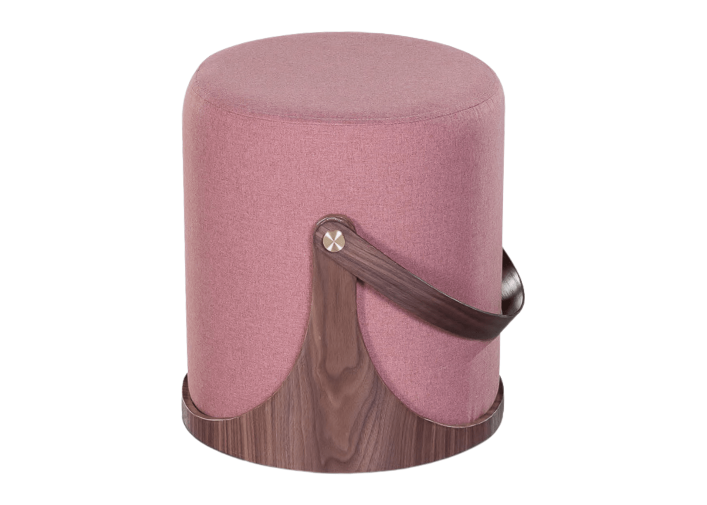 Puff Arthemis com base em madeira nogueira e revestimento em linho rosa, exibido sobre fundo neutro. Design delicado e sofisticado para ambientes elegantes.
