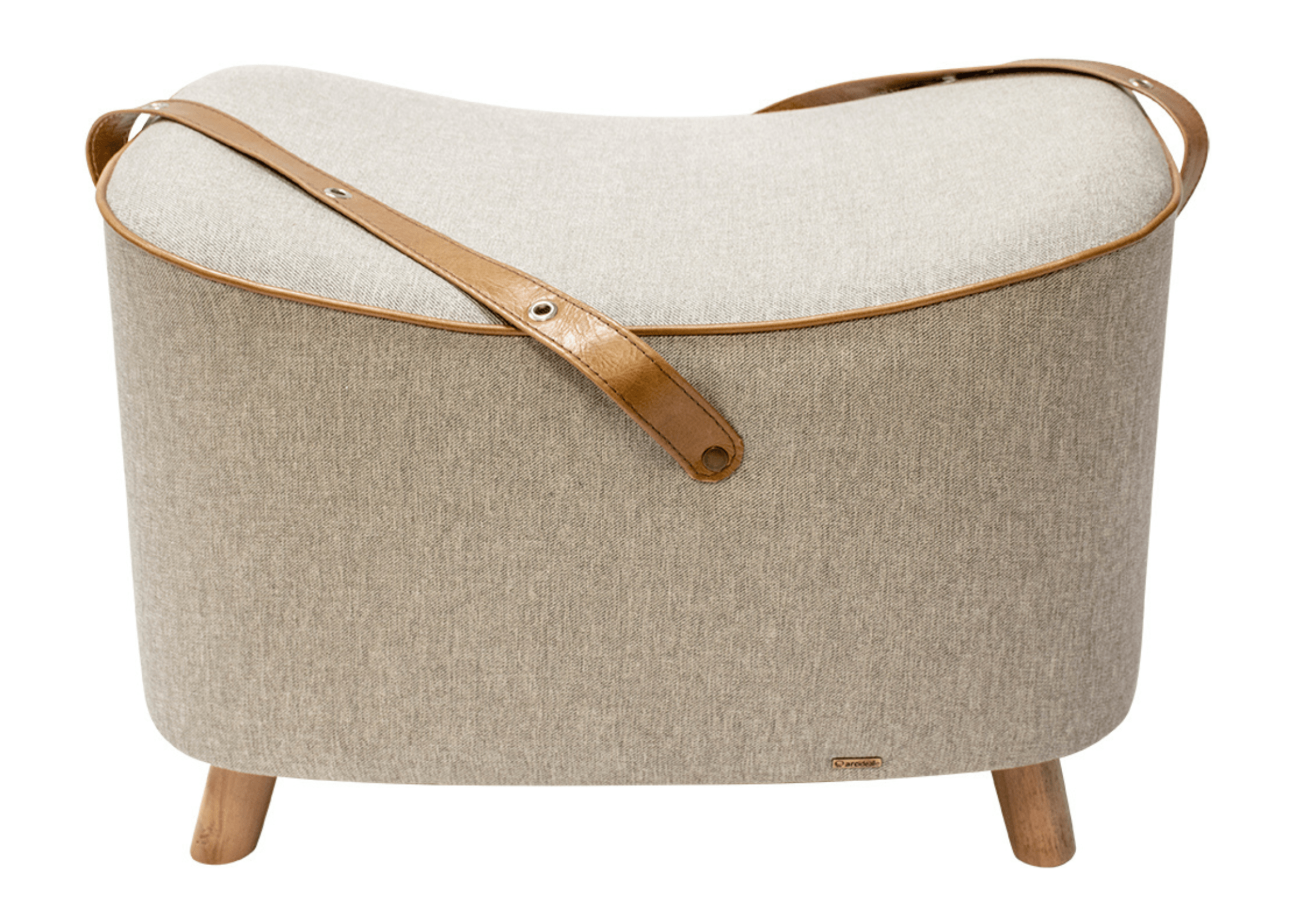 Puff Boris com detalhe em couro natural, design sofisticado e moderno, perfeito para complementar a decoração de salas e espaços contemporâneos.