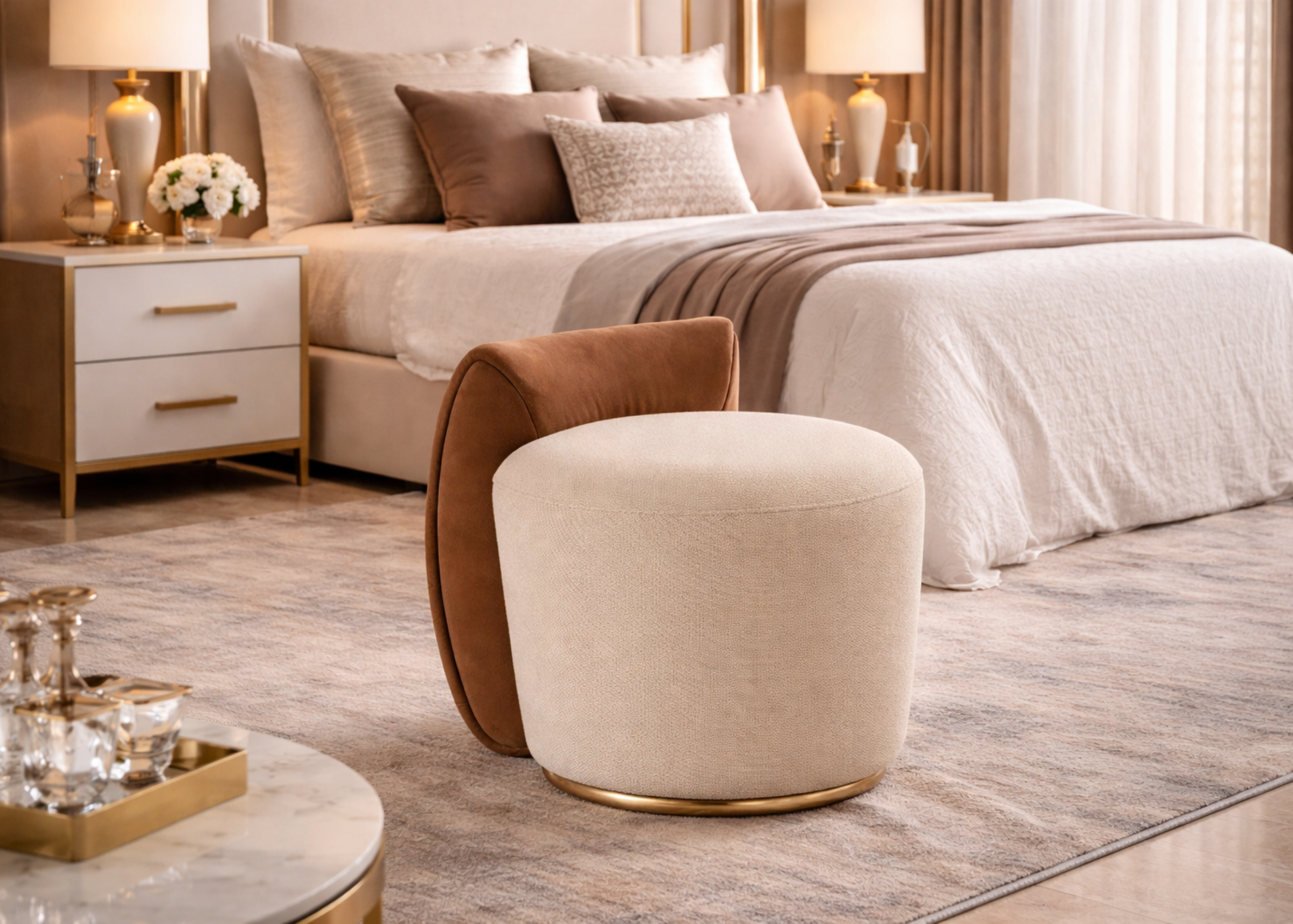 Puff Curved em quarto elegante, com base em aço epóxi dourado e design luxuoso, ideal para ambientes sofisticados e acolhedores.