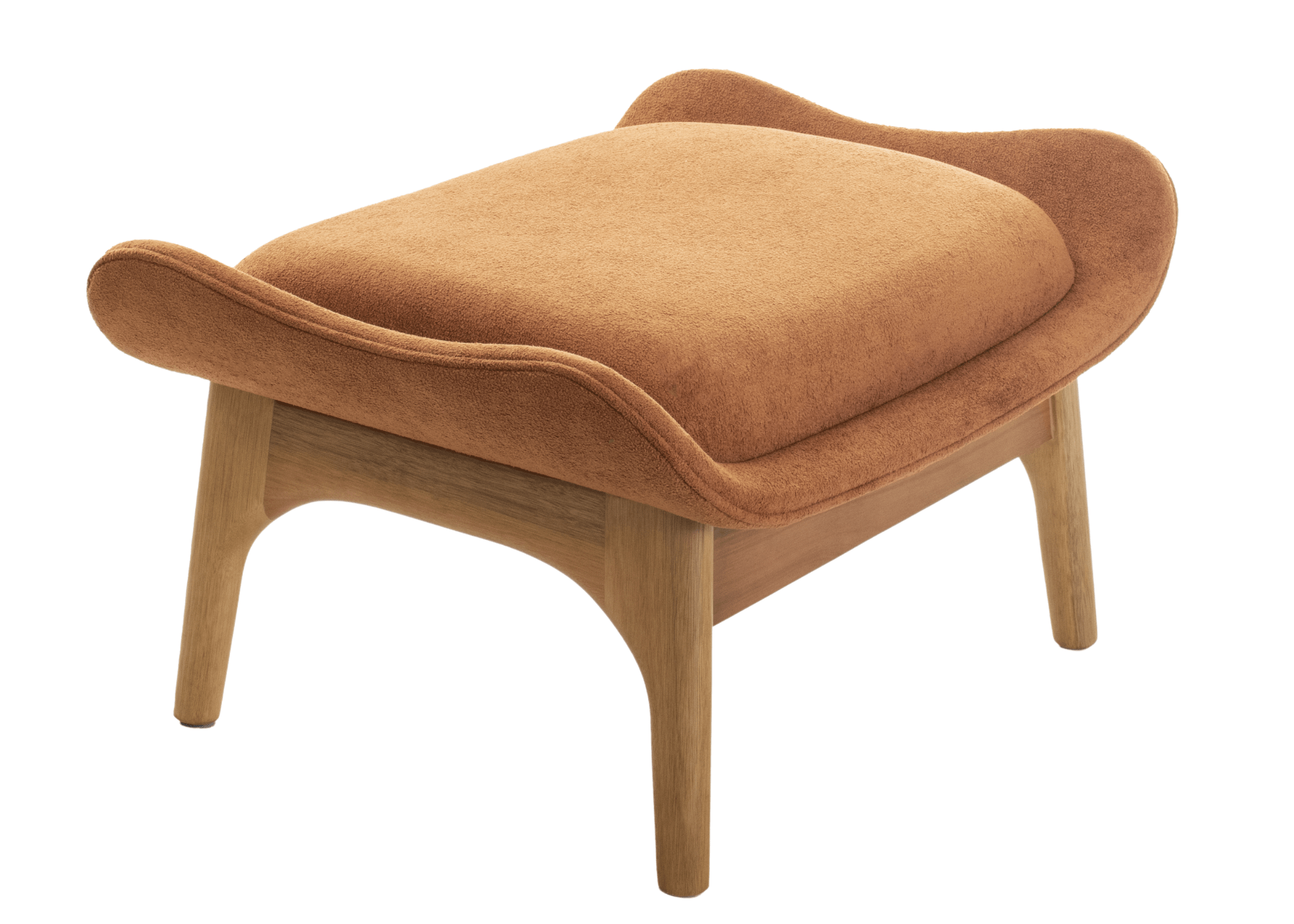 Puff estofado modelo Eva com base em madeira e detalhes orgânicos, design elegante e contemporâneo, ideal para complementar poltronas em salas de estar sofisticadas.