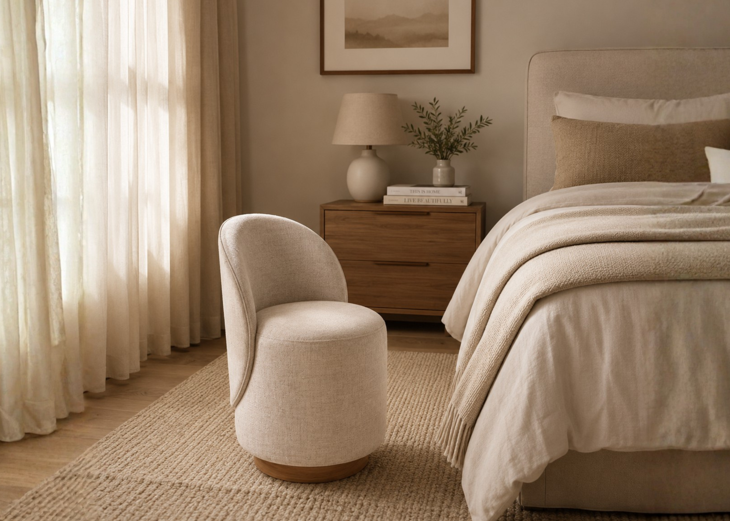 Puff giratório Ivis em quarto sofisticado e elegante, apresentando design moderno e confortável, ideal para compor ambientes refinados.
