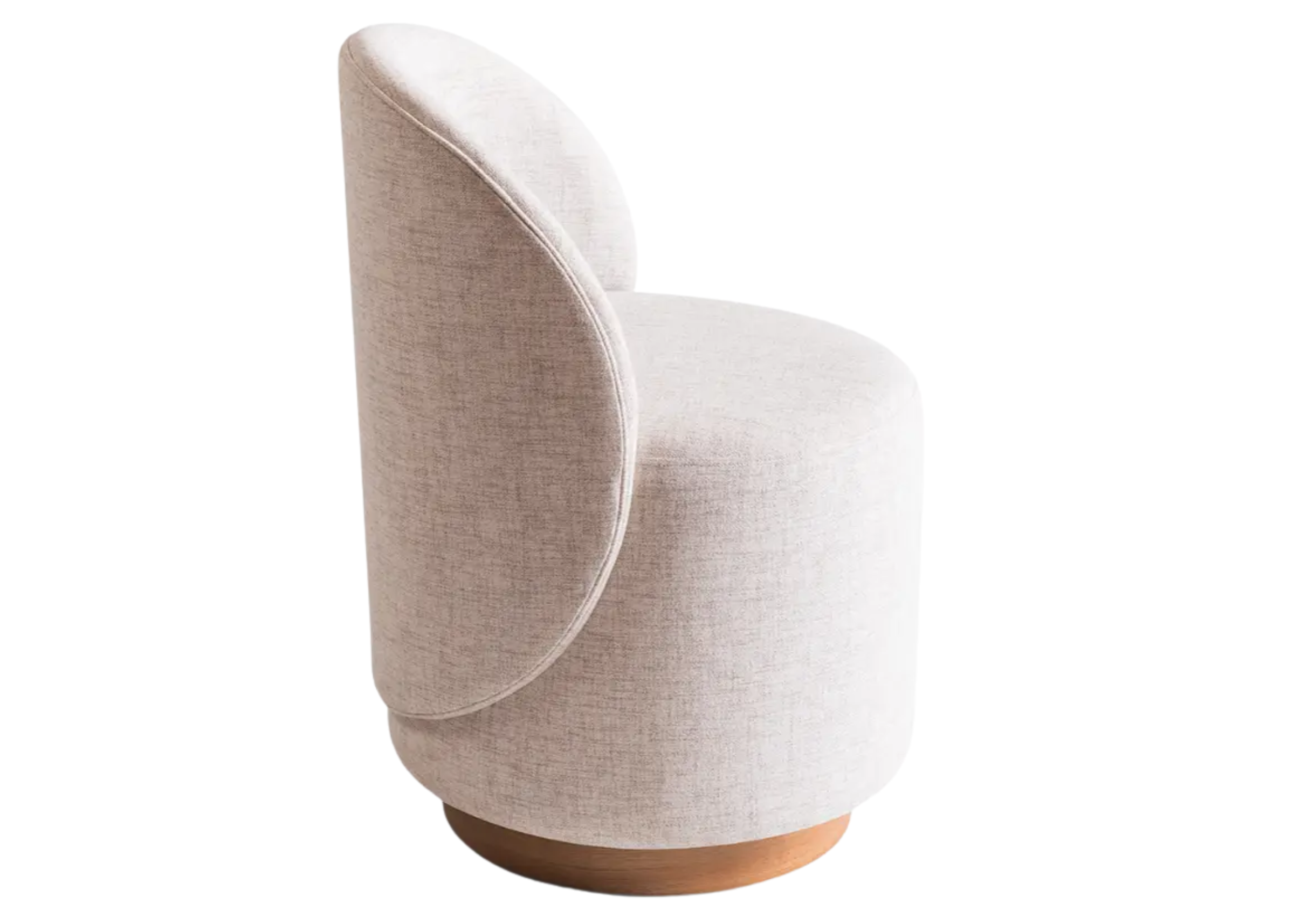 Puff giratório Ivis em vista lateral com encosto diferenciado, apresentando design confortável e sofisticado, ideal para compor ambientes modernos e refinados.