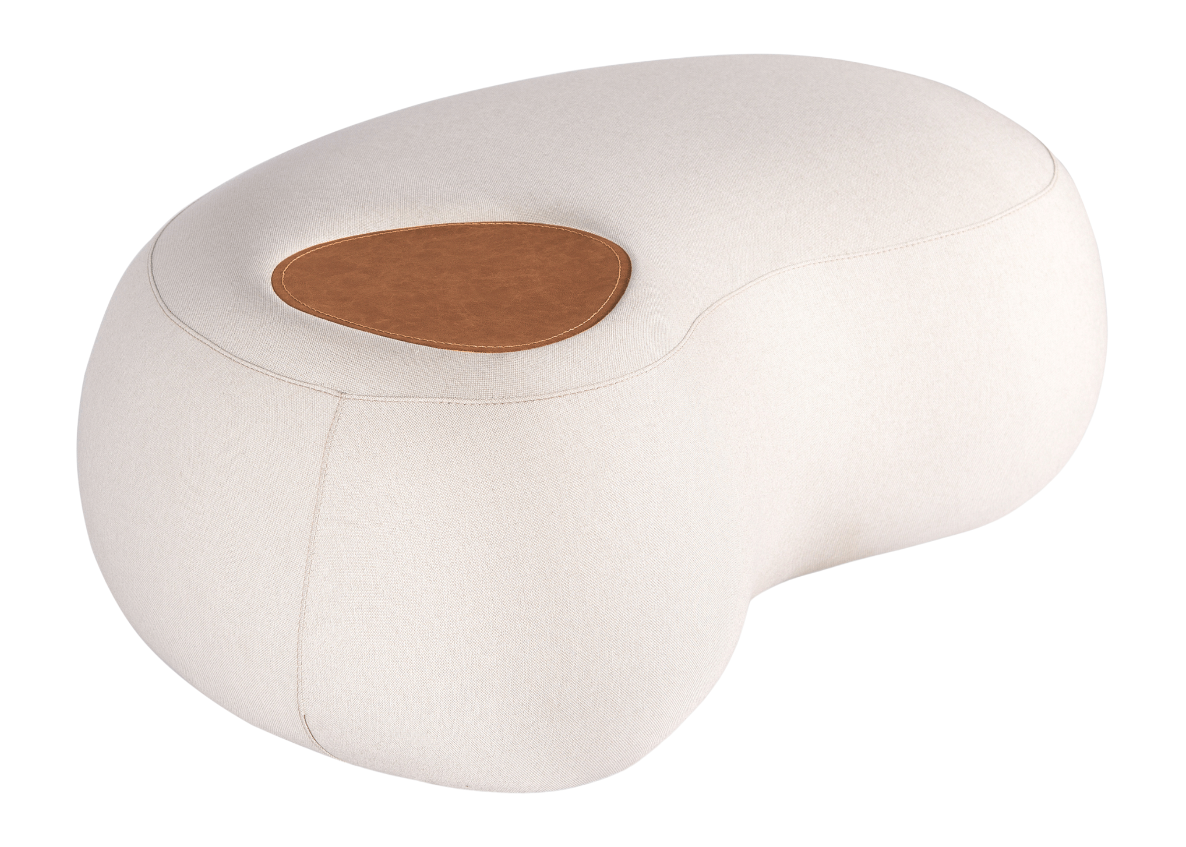 Puff Halley com formato orgânico e detalhe em couro natural, design moderno e exclusivo, ideal para compor ambientes sofisticados e aconchegantes.