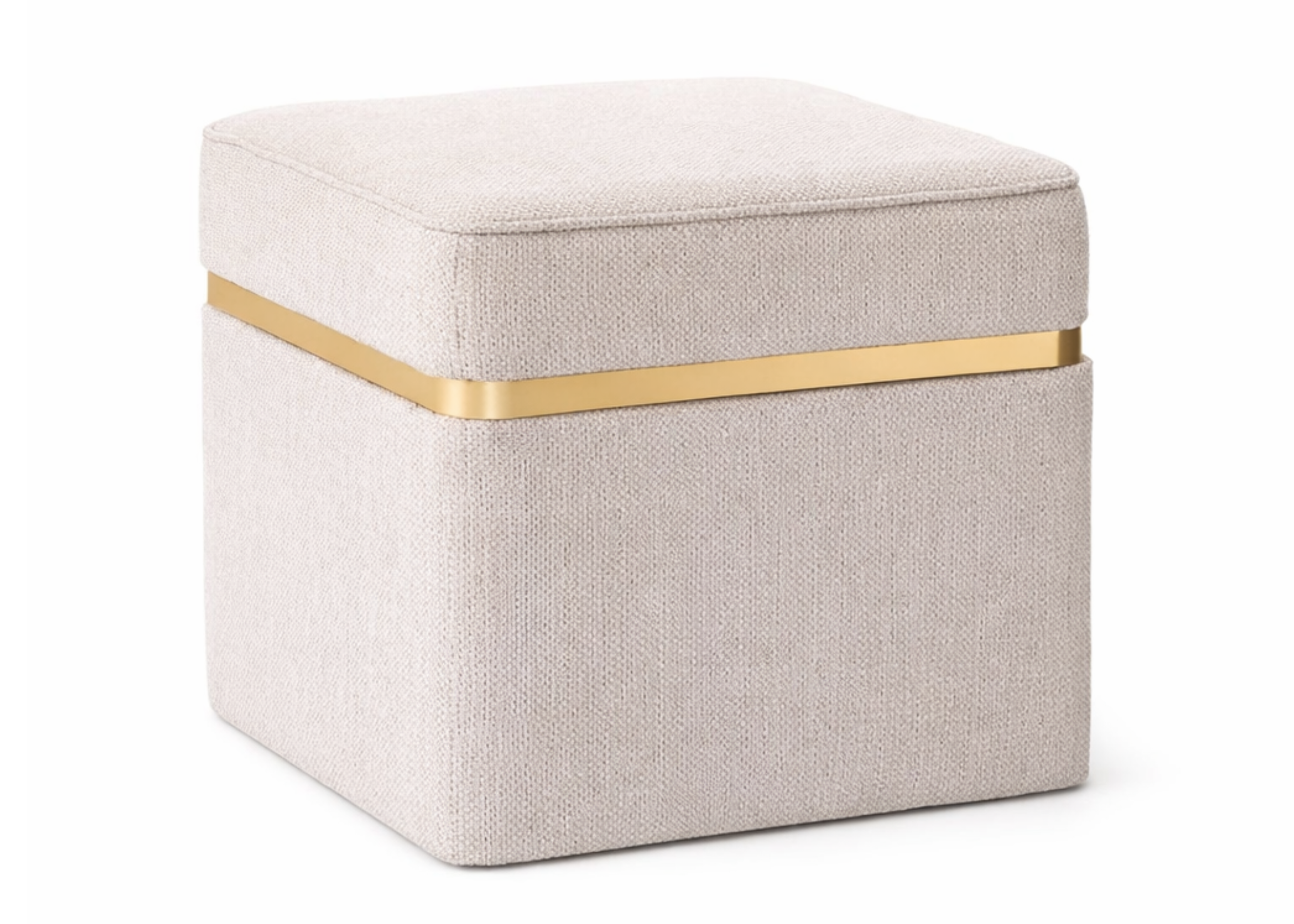 Puff Hugo com design elegante, revestimento em linho e detalhe dourado, ideal para ambientes sofisticados e contemporâneos.