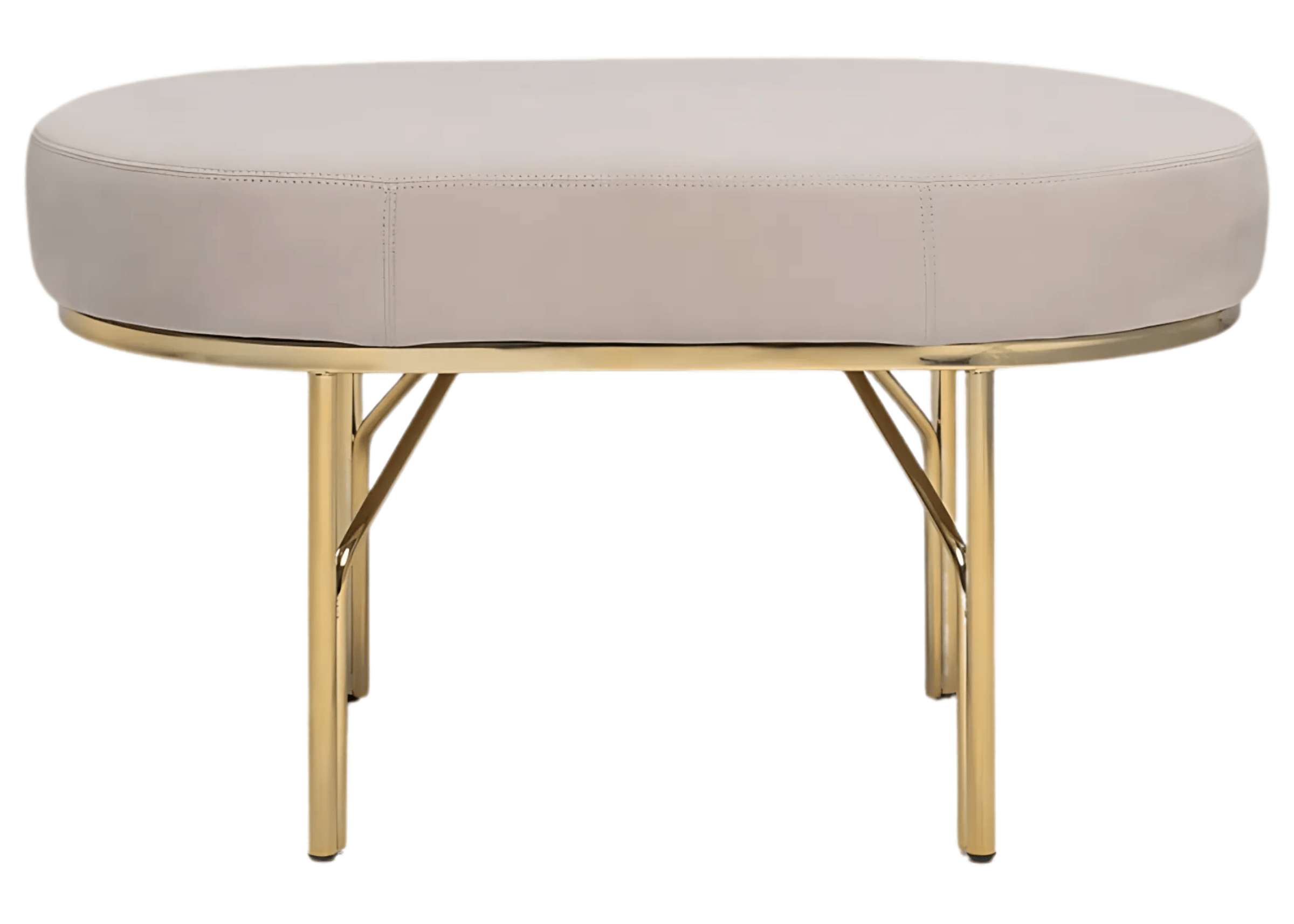 Puff Liane com base em inox dourado e formato oval, elegante e contemporâneo, ideal para dar um toque de sofisticação a salas e lounges.
