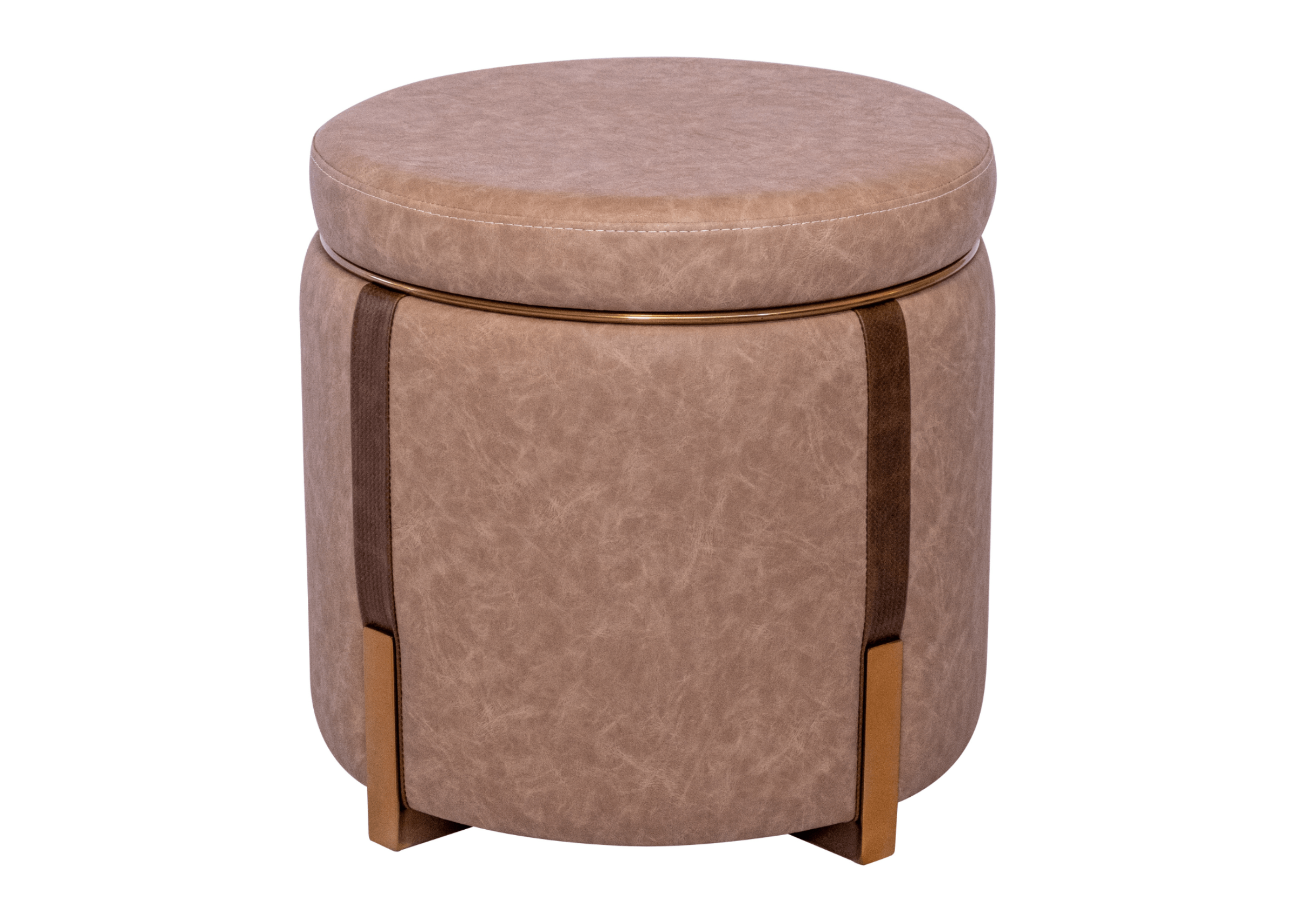 Puff de luxo revestido em couro sintético com detalhe em aço carbono, apresentado sobre fundo neutro. Peça moderna e sofisticada para ambientes elegantes.
