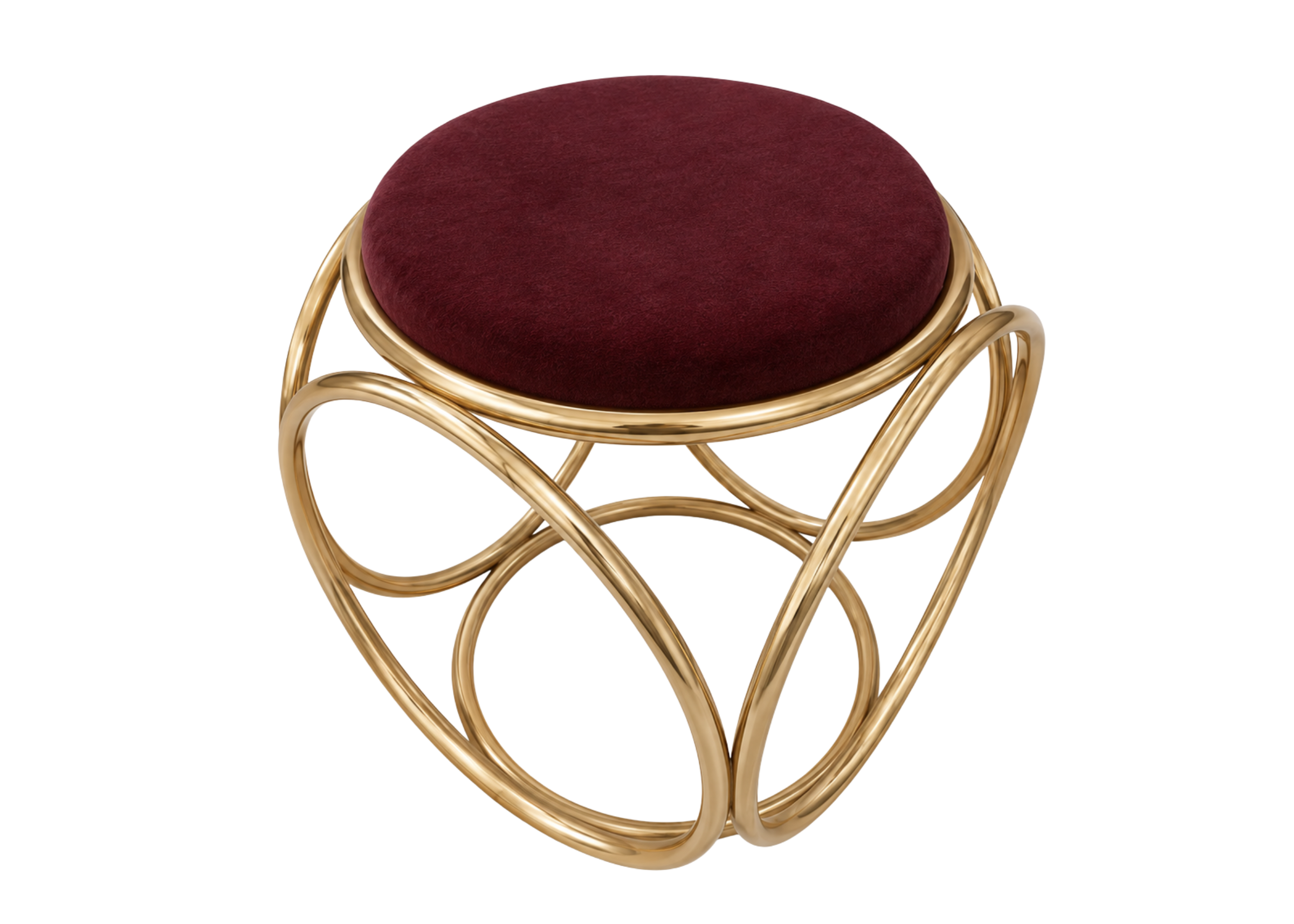 Puff luxo dourado com estrutura metálica circular e assento estofado veludo bordo. Estilo moderno e decorativo para ambientes refinados.