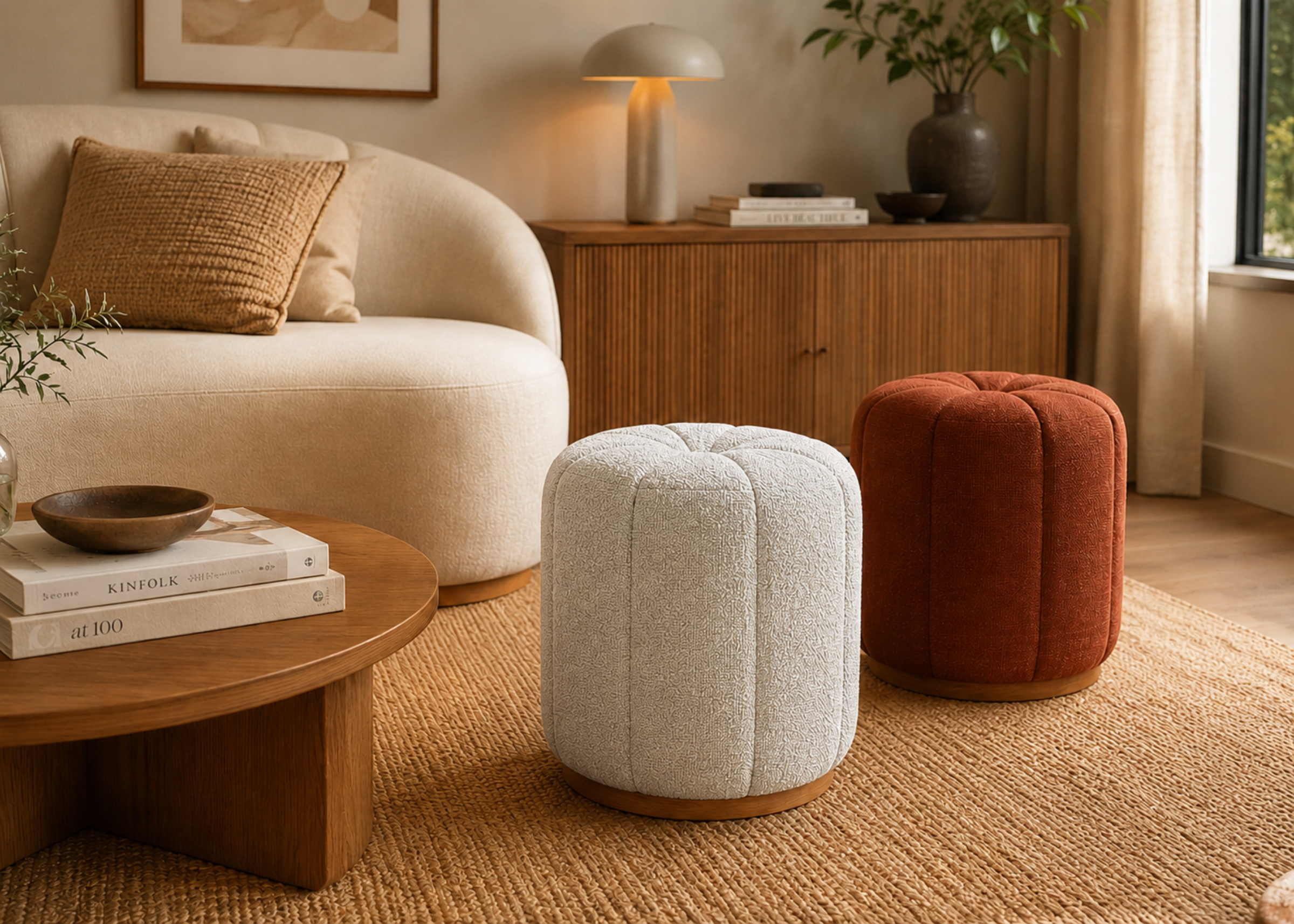 Puff Magnólia com madeira castanho e revestimento em bouclé marfim, apresentando design confortável e sofisticado para diversos ambientes.