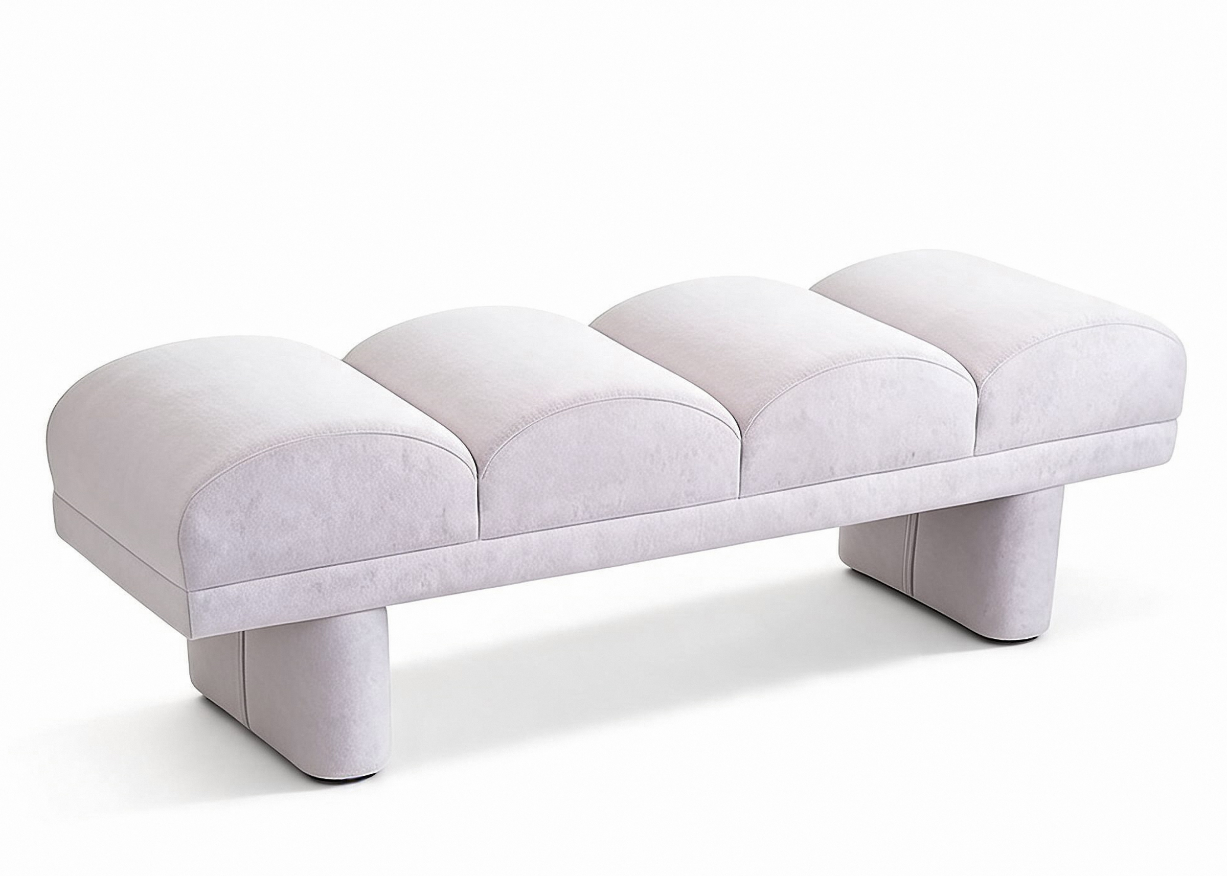 Puff Ninho estofado com módulos curvos, base robusta e design contemporâneo, ideal para quartos, salas e closets sofisticados.