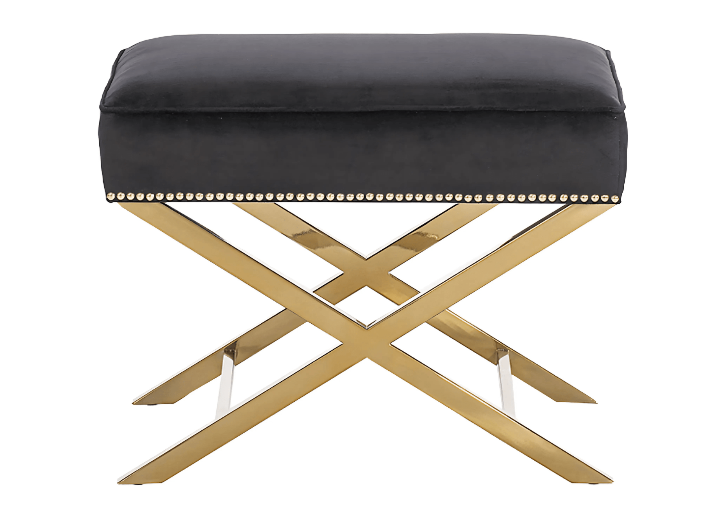 Puff Orion com base em inox dourado e revestimento em veludo preto, apresentado sobre fundo neutro. Peça luxuosa e elegante, ideal para ambientes sofisticados.
