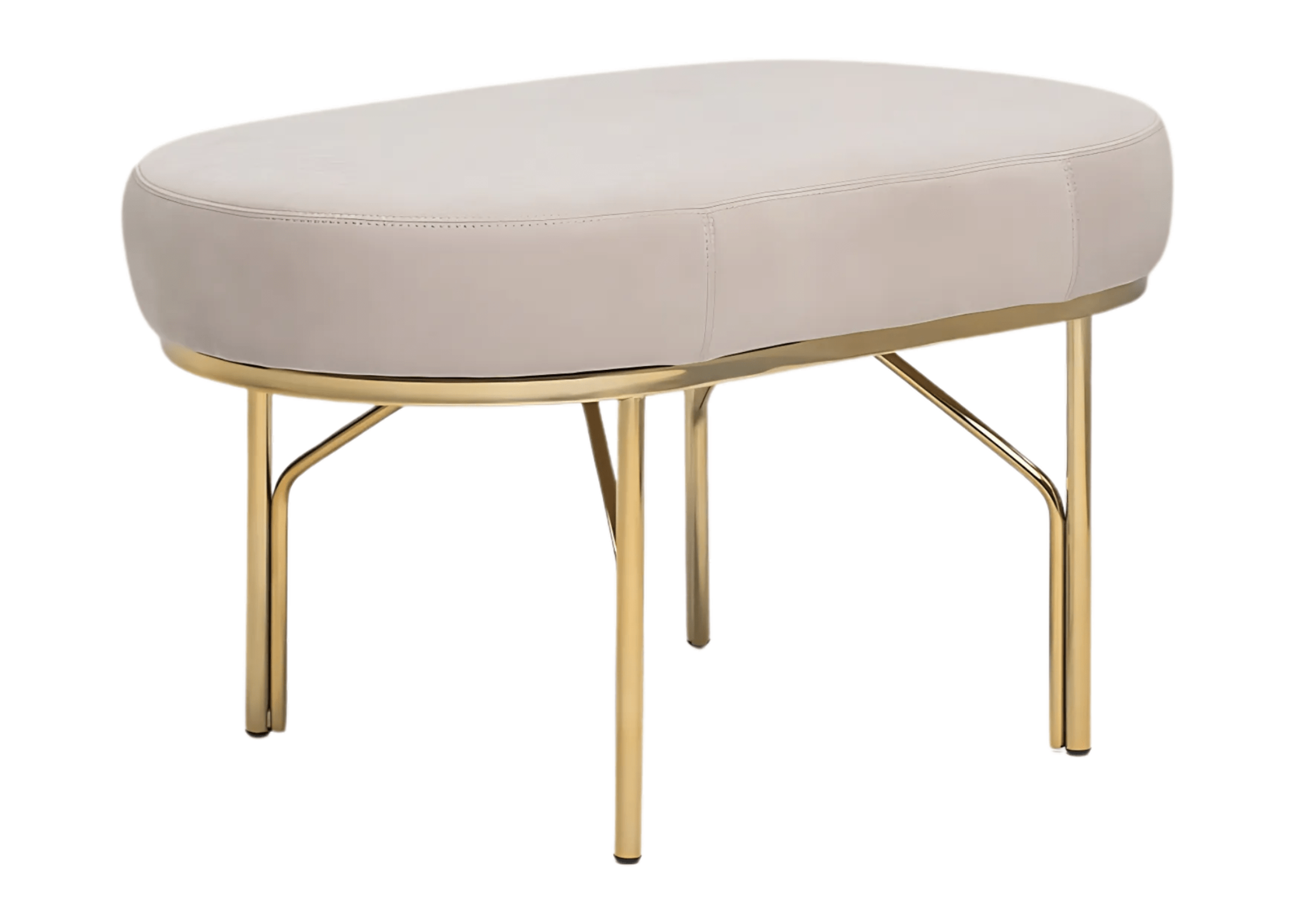 Puff oval Liane com base em inox dourado, design elegante e moderno, perfeito para adicionar sofisticação a qualquer ambiente.