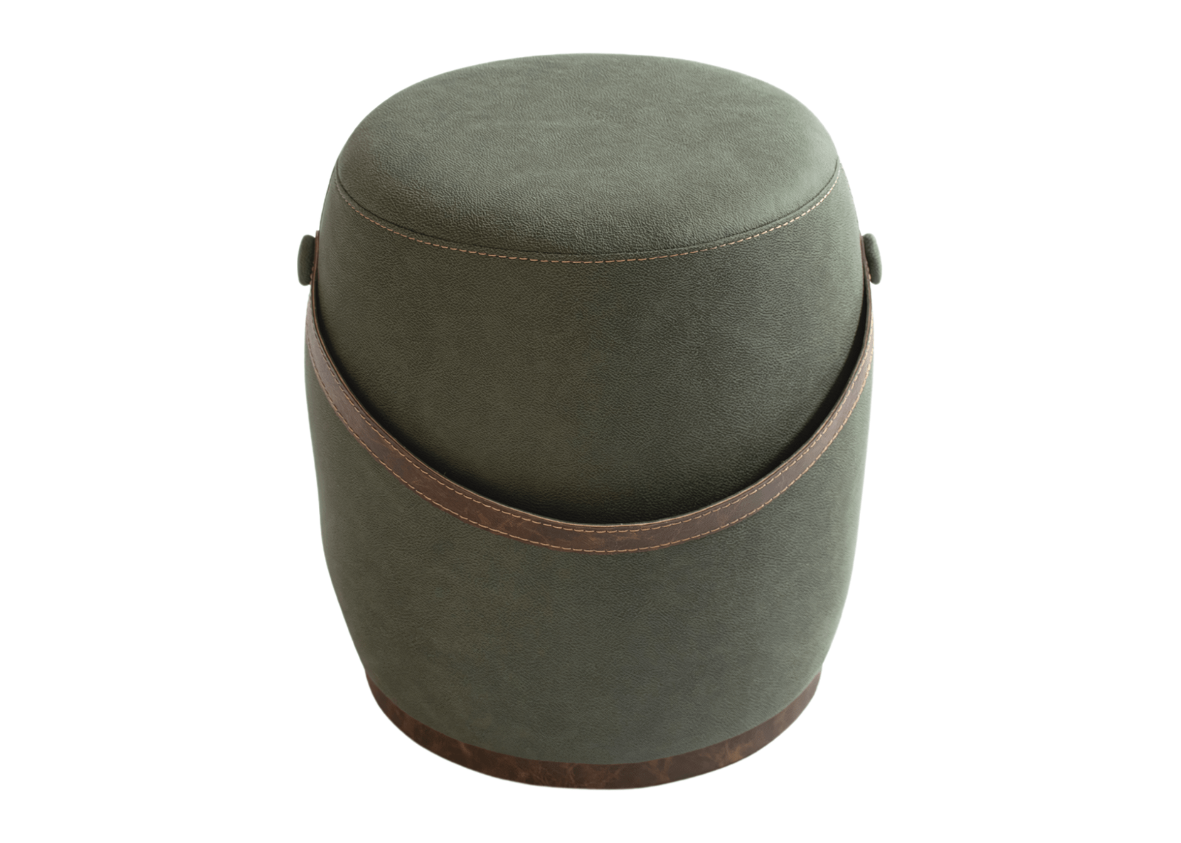 Puff Pilão em couríssimo verde com detalhe de alça em recouro marrom. Design funcional e estiloso para ambientes contemporâneos.