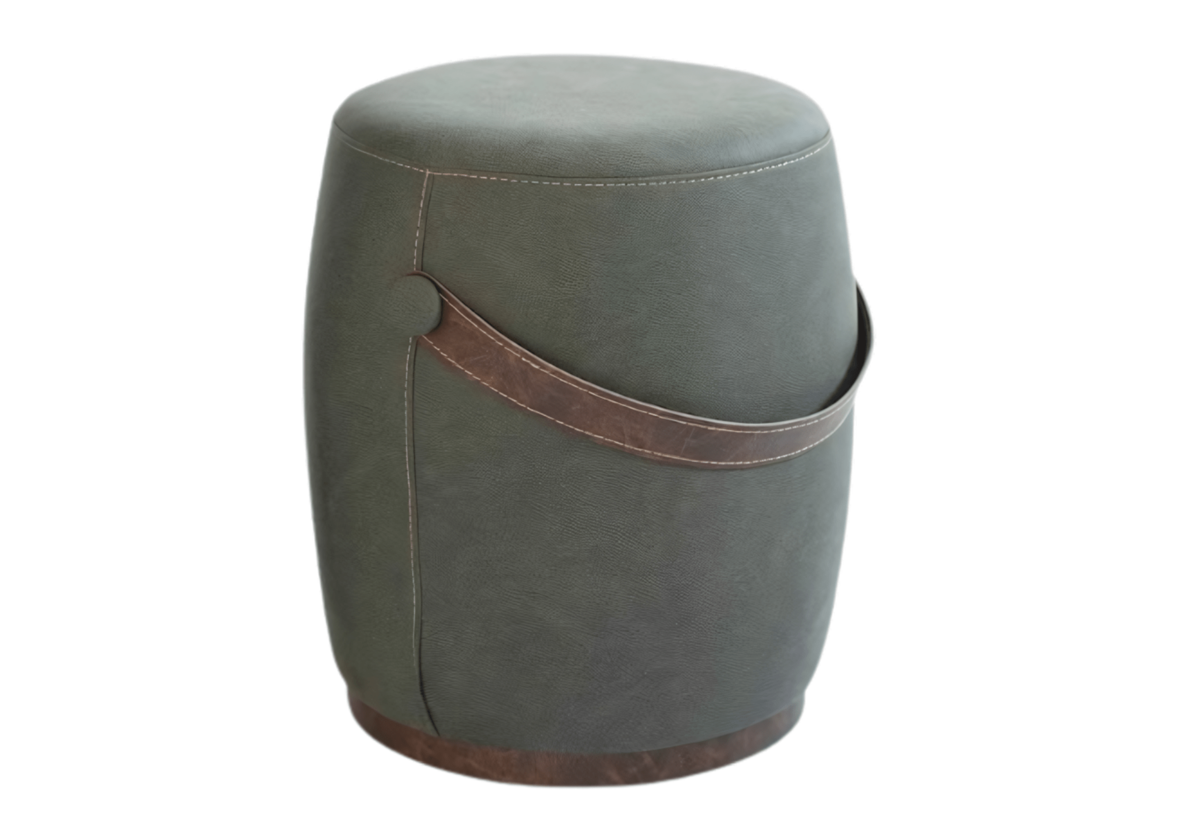 Puff Pilão em couro sintético com detalhe de alça marrom. Peça prática e elegante para complementar ambientes modernos.
