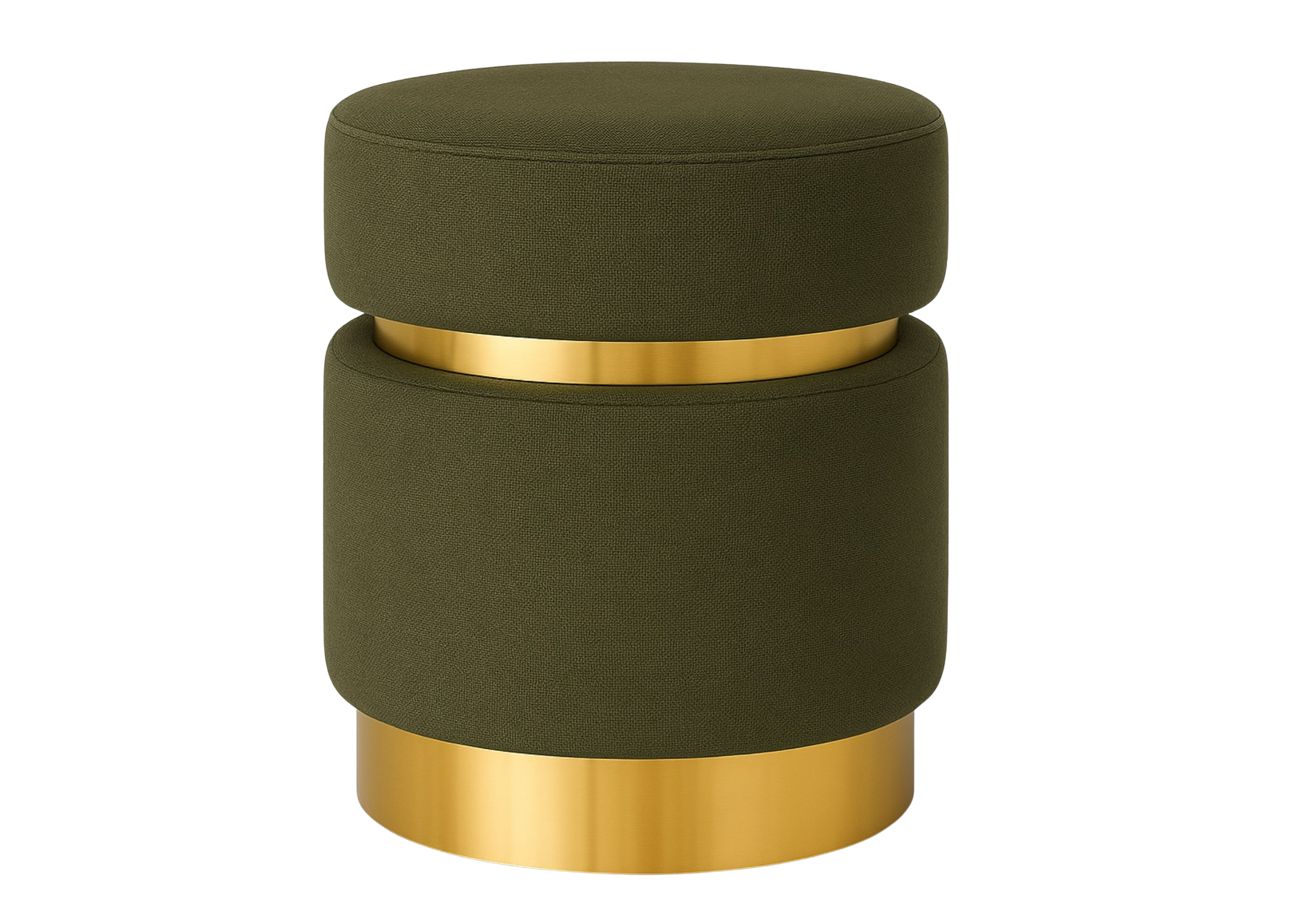 Puff Dourado decorativo redondo com base dourada e estofado verde militar para salas, halls e quartos.