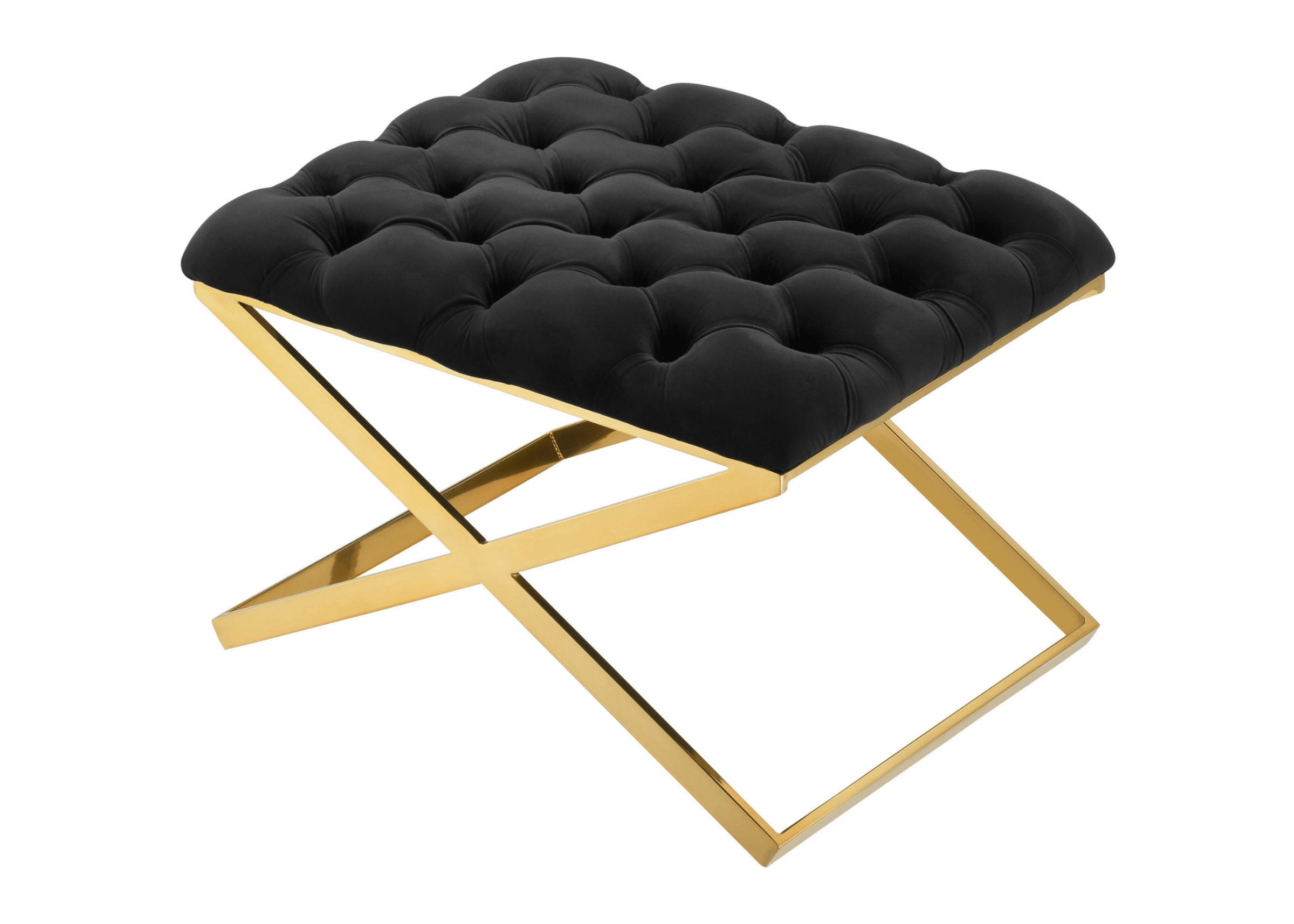 Puff Rex com base em inox dourado e revestimento em tecido preto capitonê, apresentado sobre fundo neutro. Peça sofisticada que une conforto e estilo para ambientes contemporâneos.
