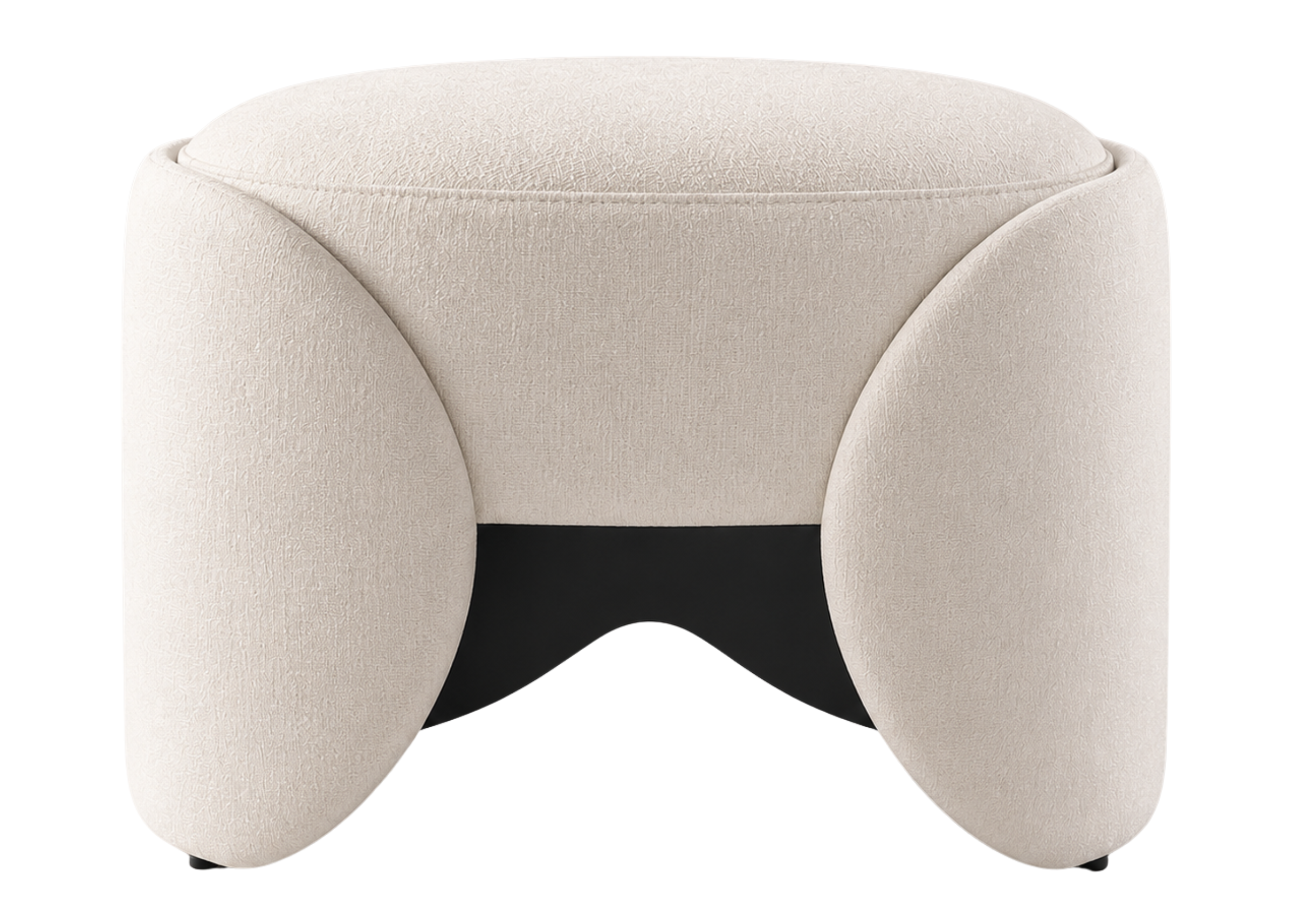 Puff Tulipa todo revestido em linho off white, apresentando design contemporâneo e confortável para ambientes refinados.