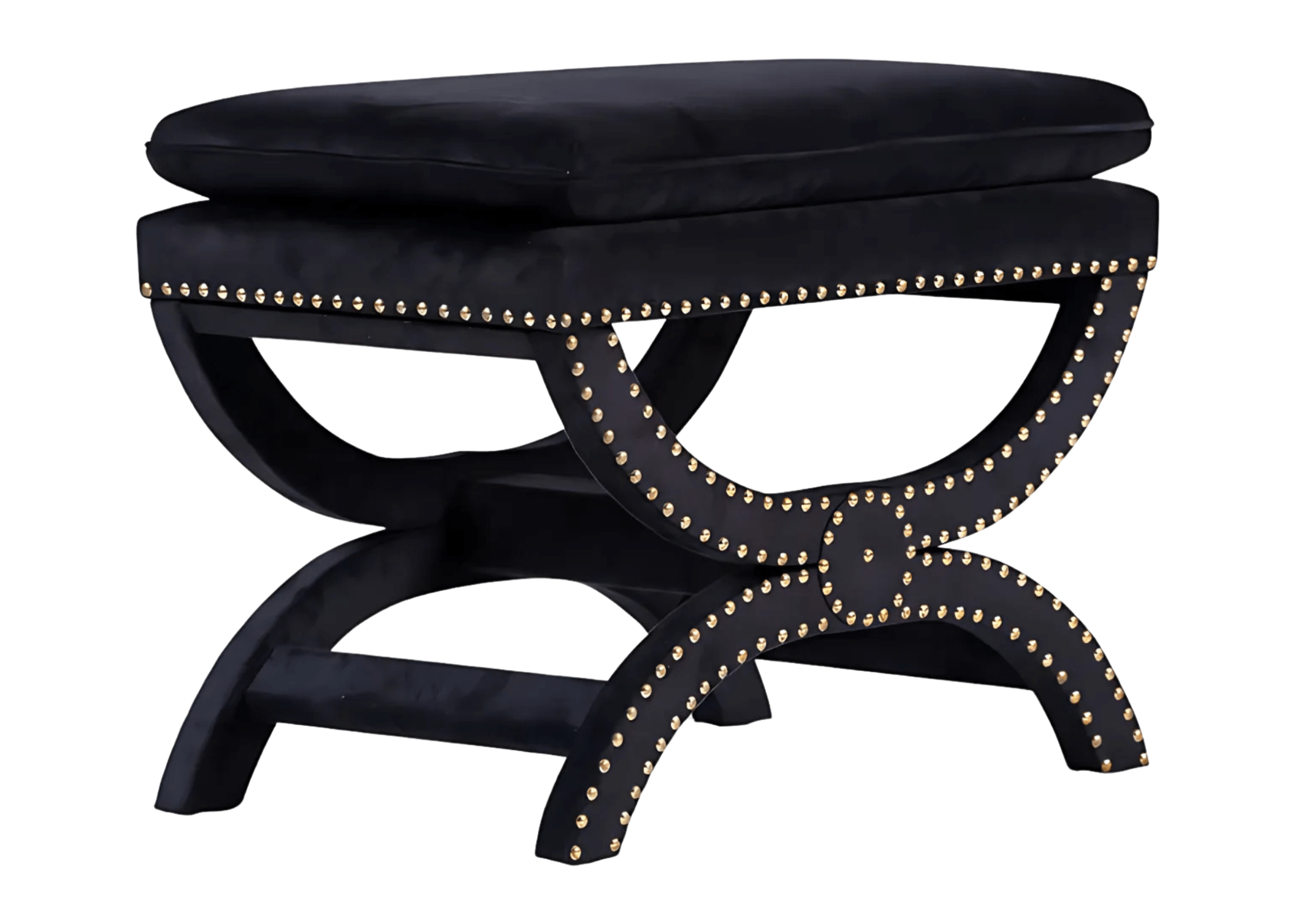 Puff em veludo preto com detalhes de tachas douradas, modelo Elis, elegante e sofisticado, perfeito para salas e ambientes modernos.