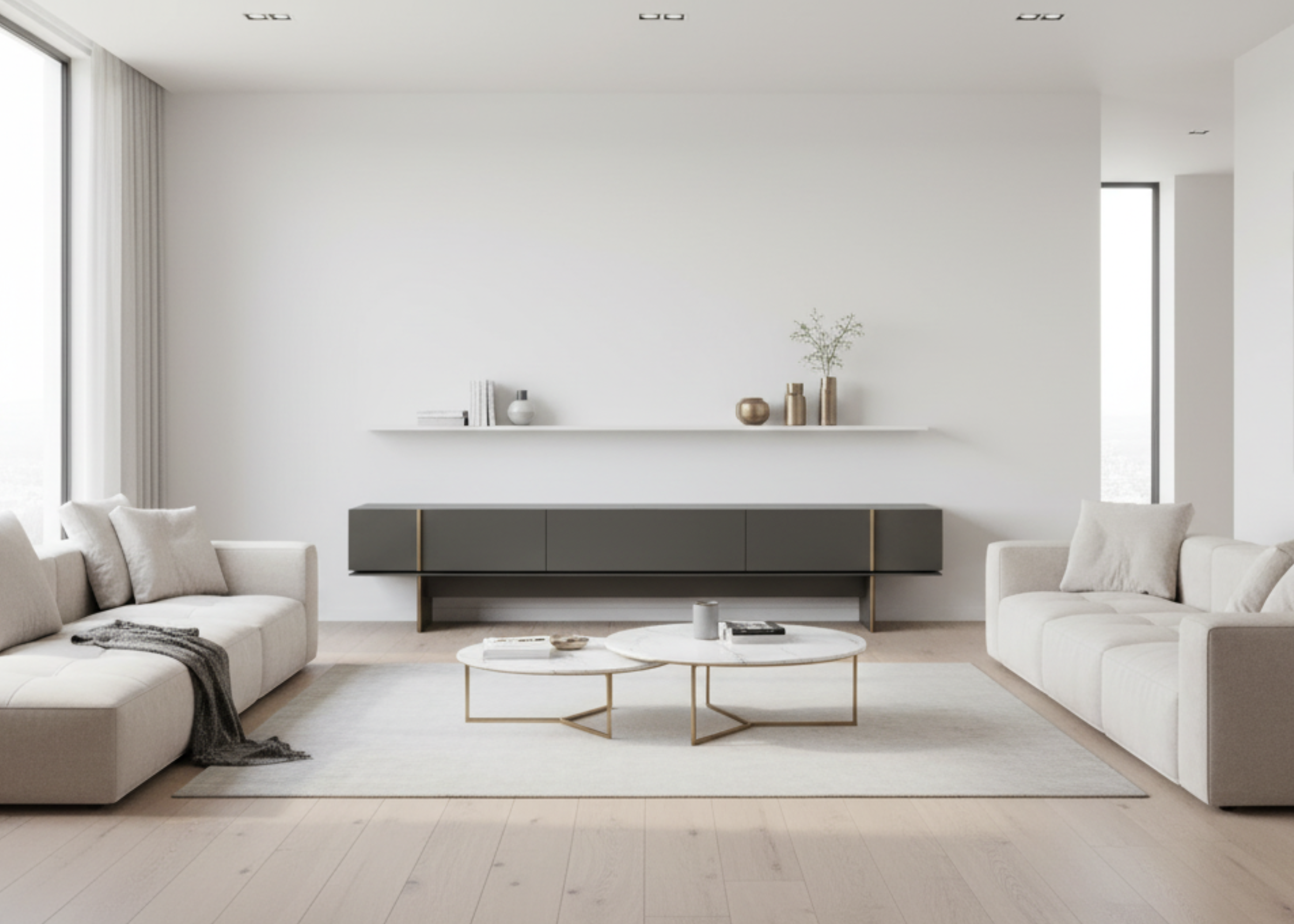 Rack modelo Vianello para painel de sala de estar moderna, acabamento laqueado e design contemporâneo.