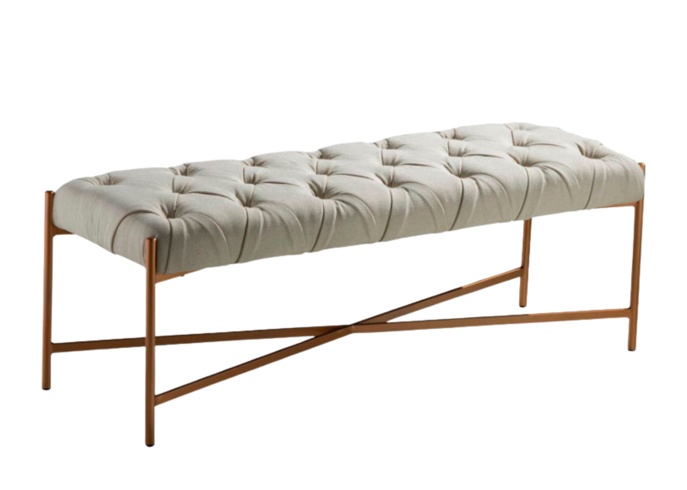 Recamier modelo Andy com detalhe capitonê e revestimento em linho bege claro. Design clássico com toque contemporâneo, ideal para ambientes elegantes, apresentado sobre fundo neutro.