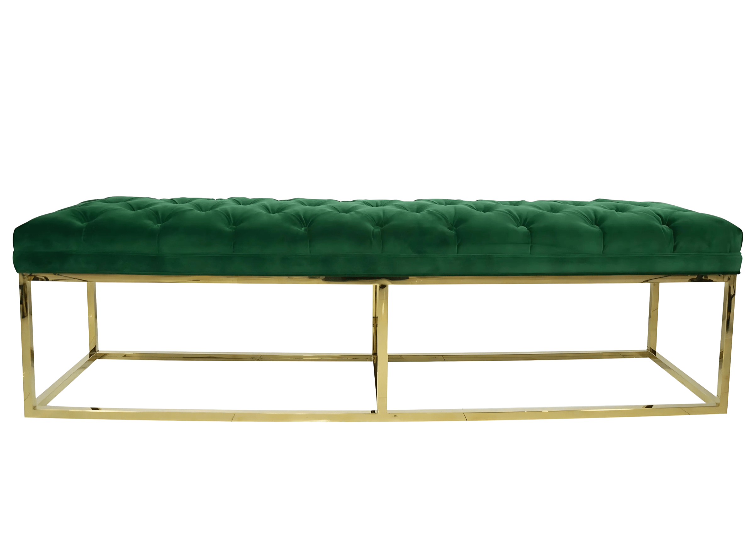 Recamier modelo Talismã em veludo verde com detalhe capitonê e base em inox dourado. Toque de sofisticação para ambientes clássicos ou modernos.
