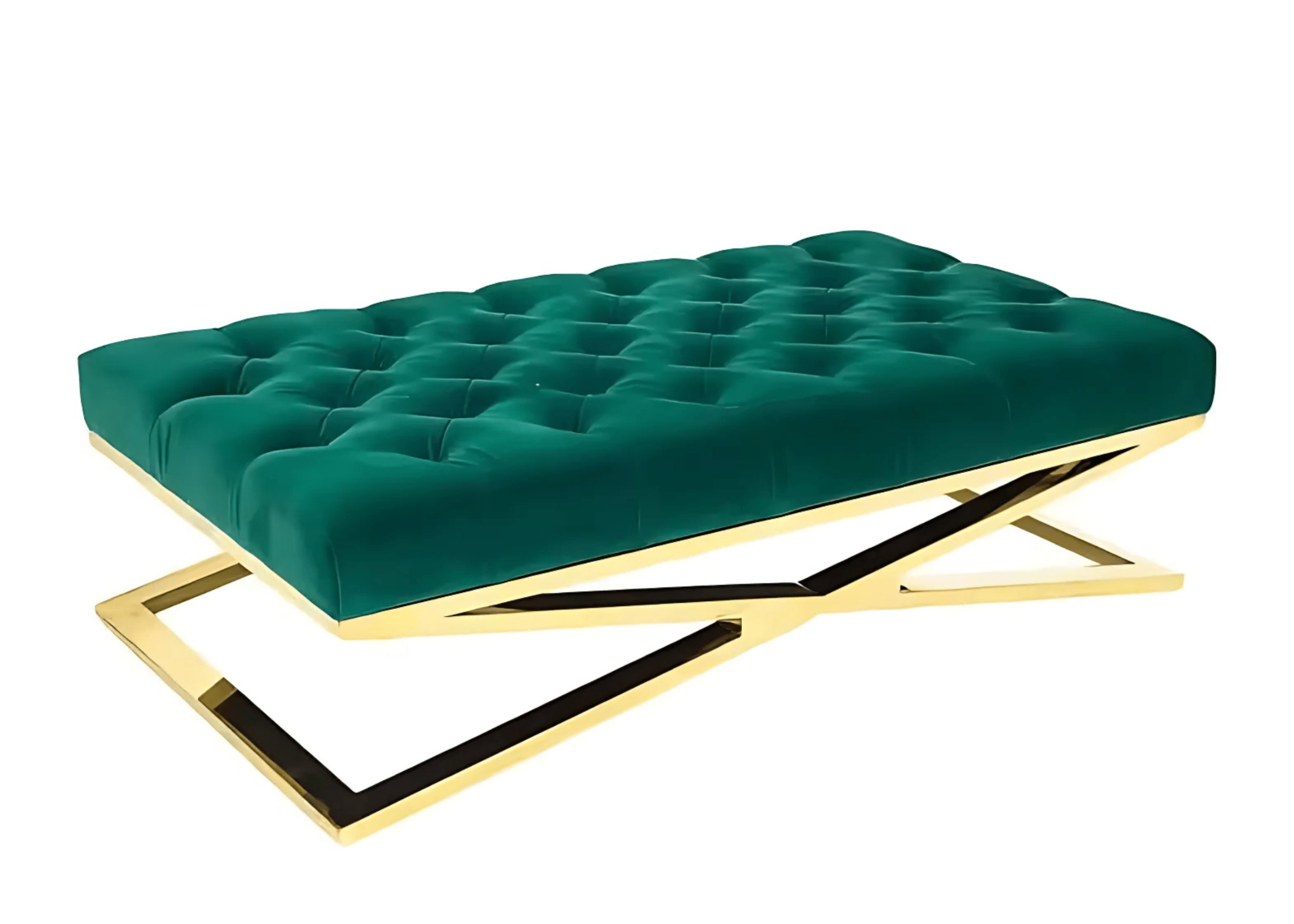 Recamier dourado com base em inox gold e assento em veludo verde esmeralda. Peça luxuosa e contemporânea, ideal para composições sofisticadas, apresentada sobre fundo neutro.