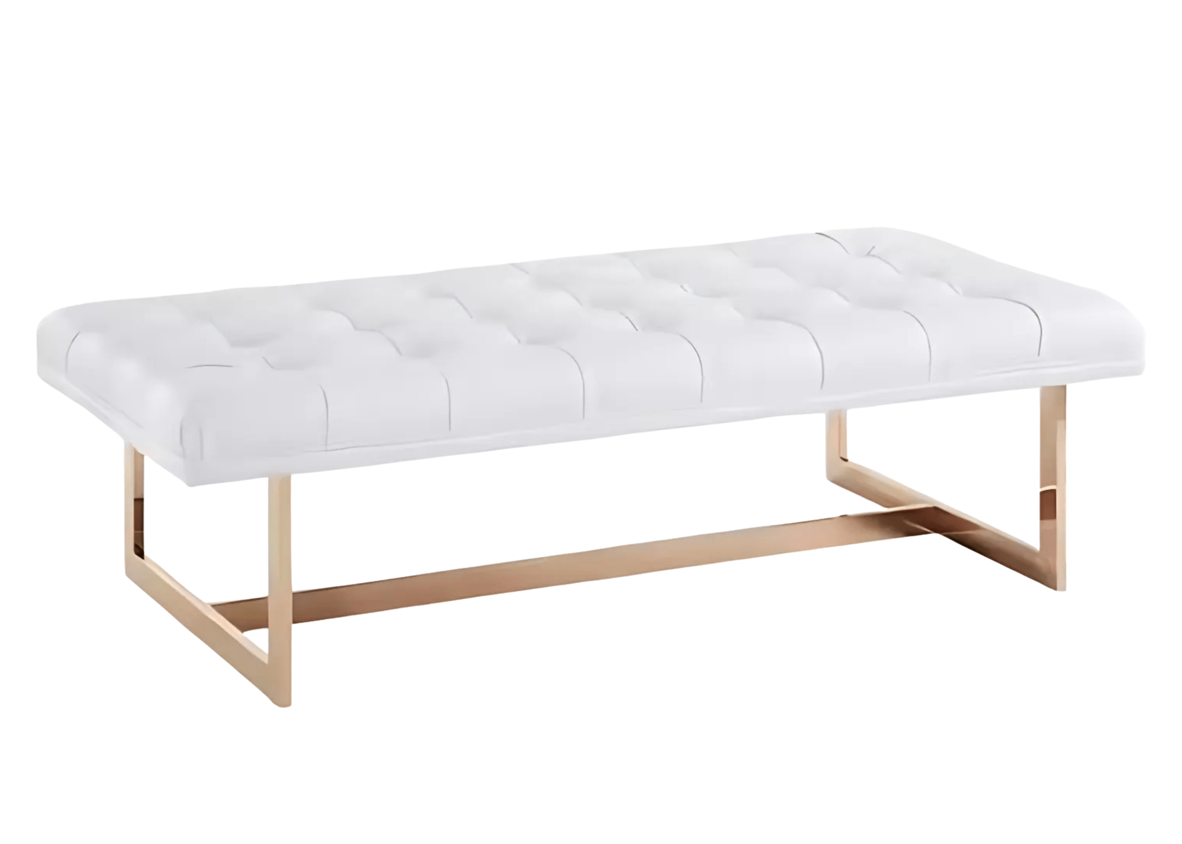 Recamier modelo Dreams com base em inox dourado e assento estofado. Design sofisticado e contemporâneo, ideal para ambientes elegantes, apresentado sobre fundo neutro.